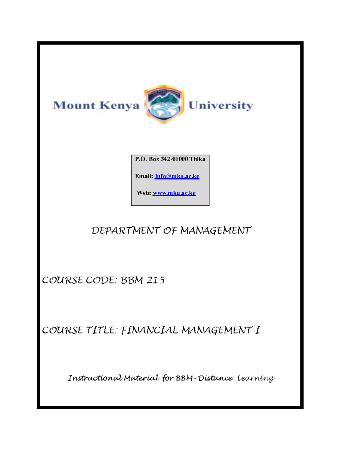 BBM 215 Financial Management I: Comprehensive Course Outline and Notes ...