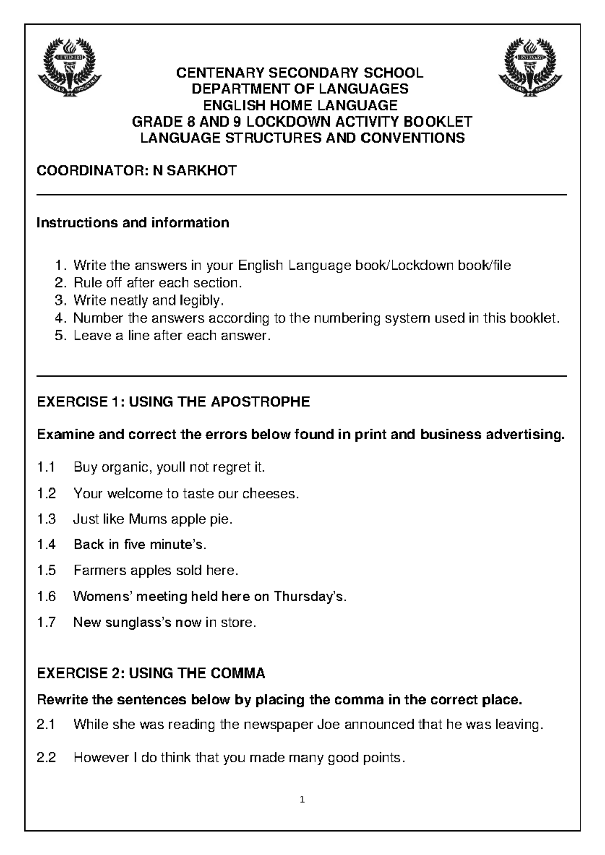 Grade 8 and 9 English Lockdown Activity Booklet - Studocu