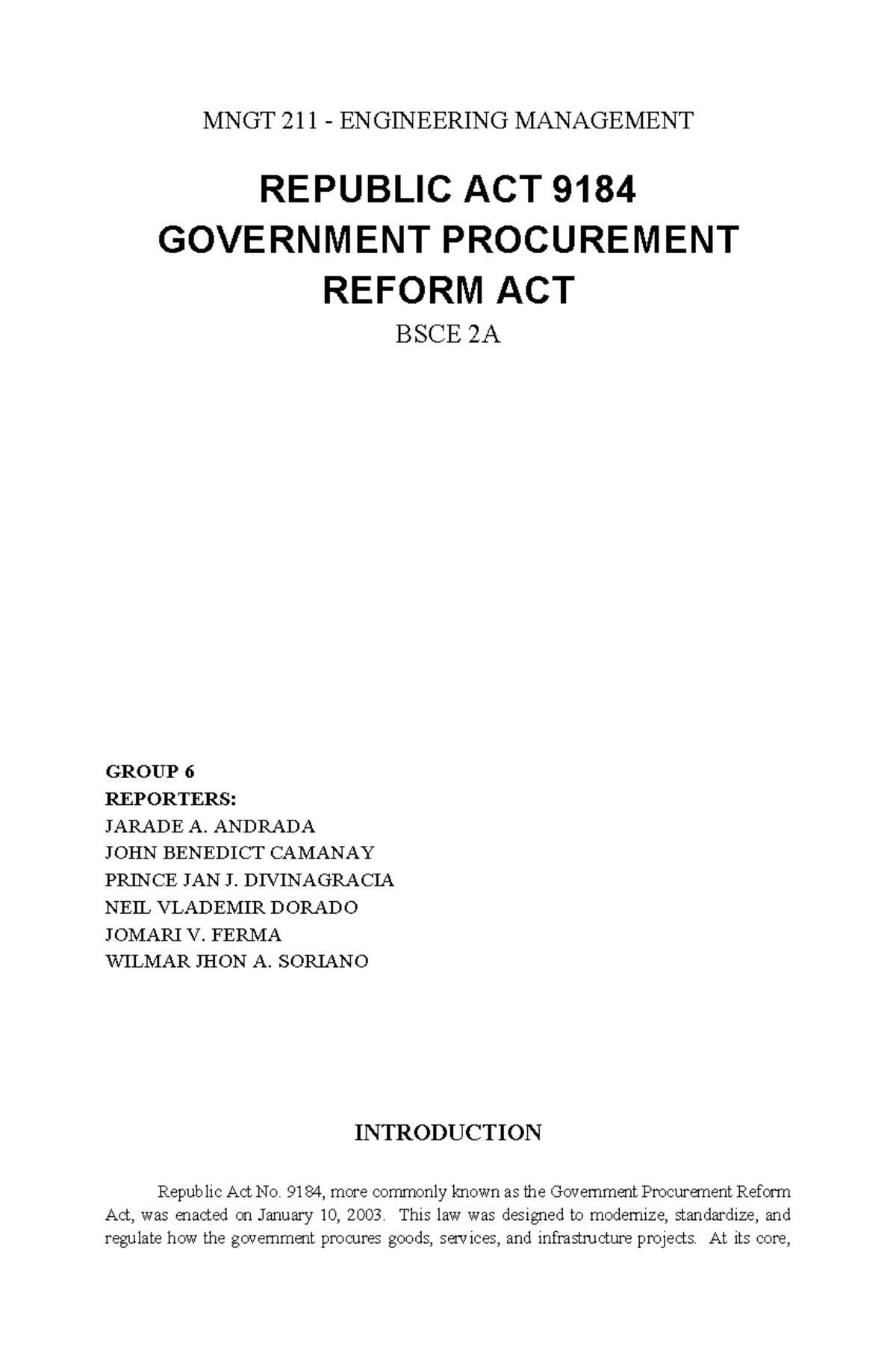 MNGT 211 Engineering Management: RA 9184 Government Procurement ...