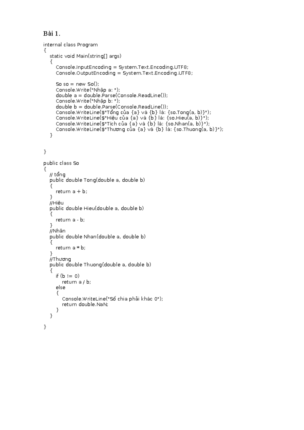 Bài 1 - internal class Program { static void Main(string[] args ...