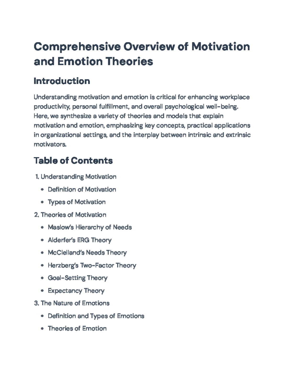 Comprehensive Overview of Motivation and Emotion Theories (Course Code ...