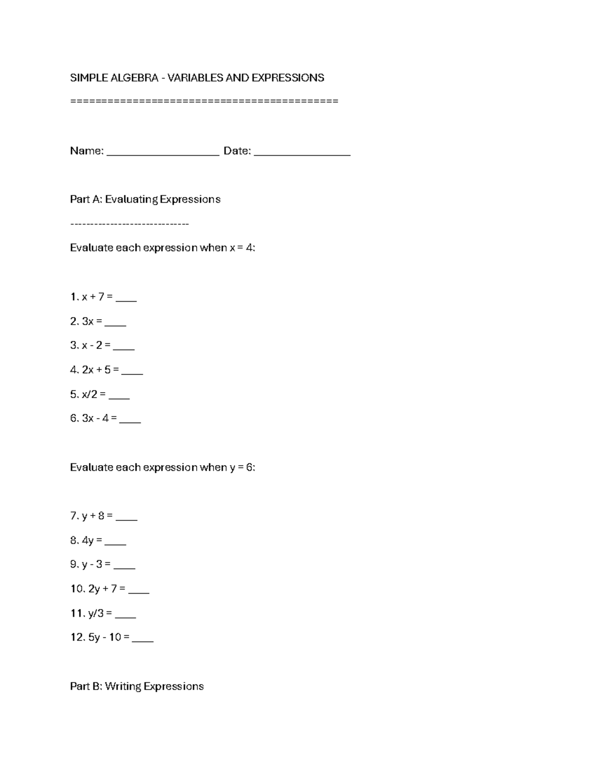 ALG 3 - SIMPLE ALGEBRA: VARIABLES & EXPRESSIONS PRACTICE - Studeersnel