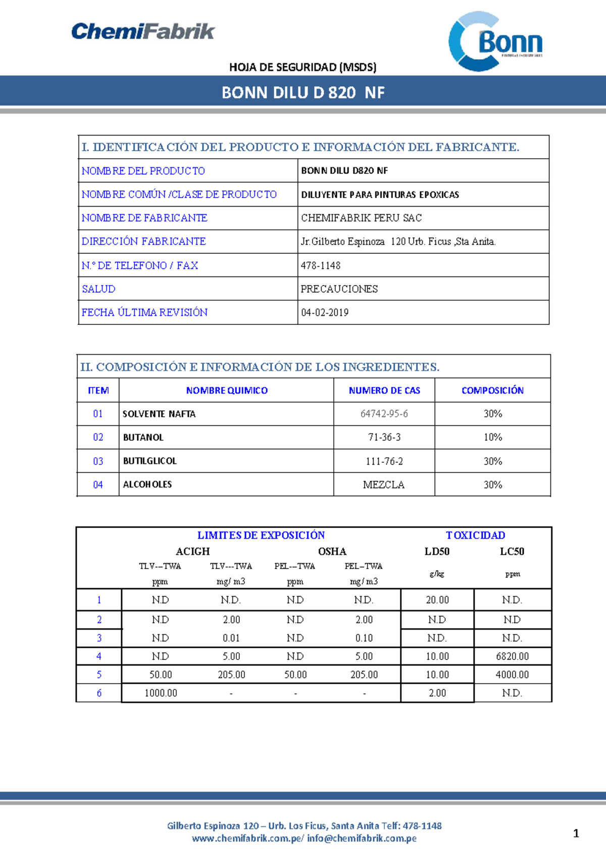 BONN DILU D 820 NF: Fichas de Seguridad y Composición Química - Document Preview