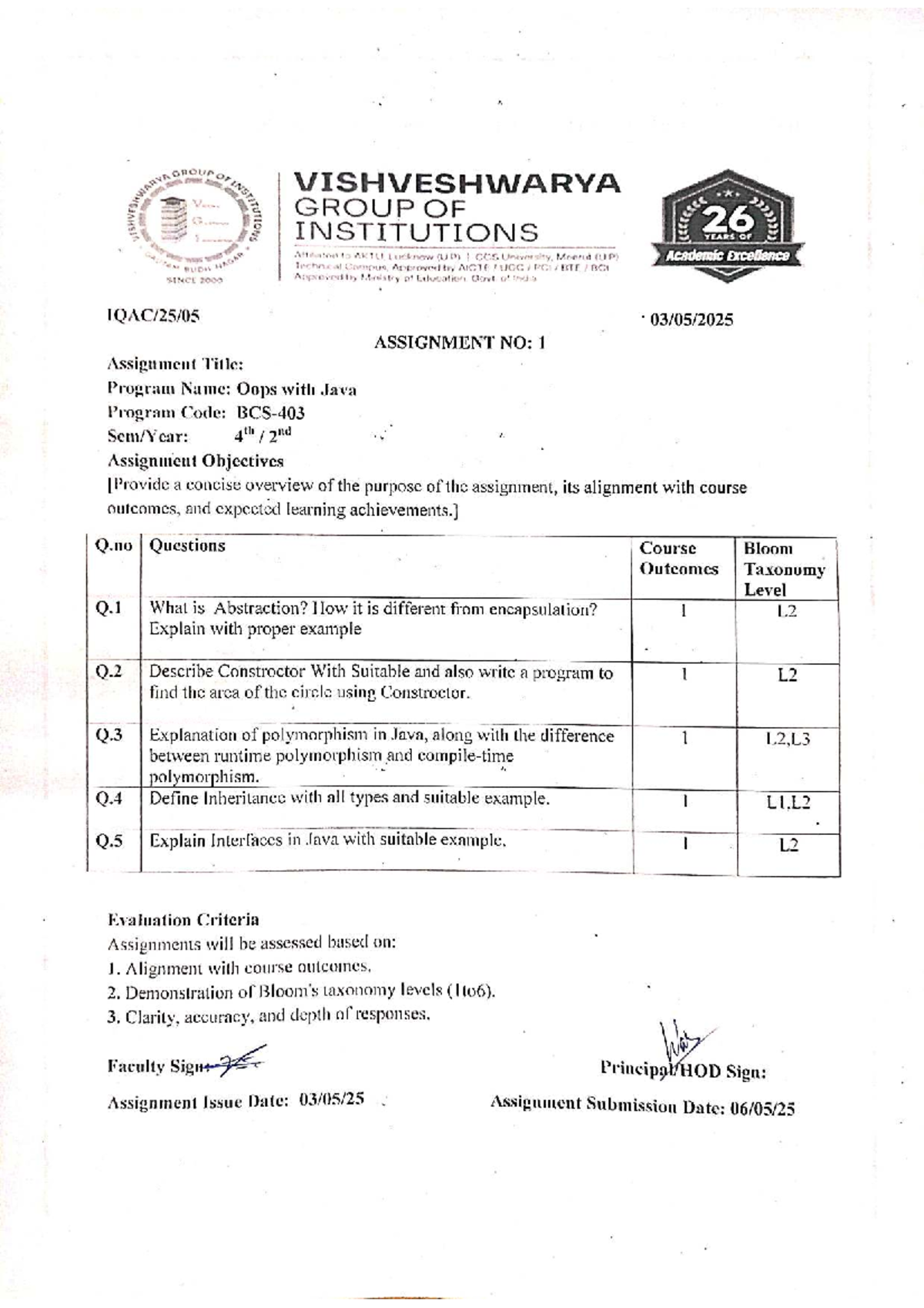 Assignment 1: OOP Concepts in Java - I G Vishveshwarya Group of ...