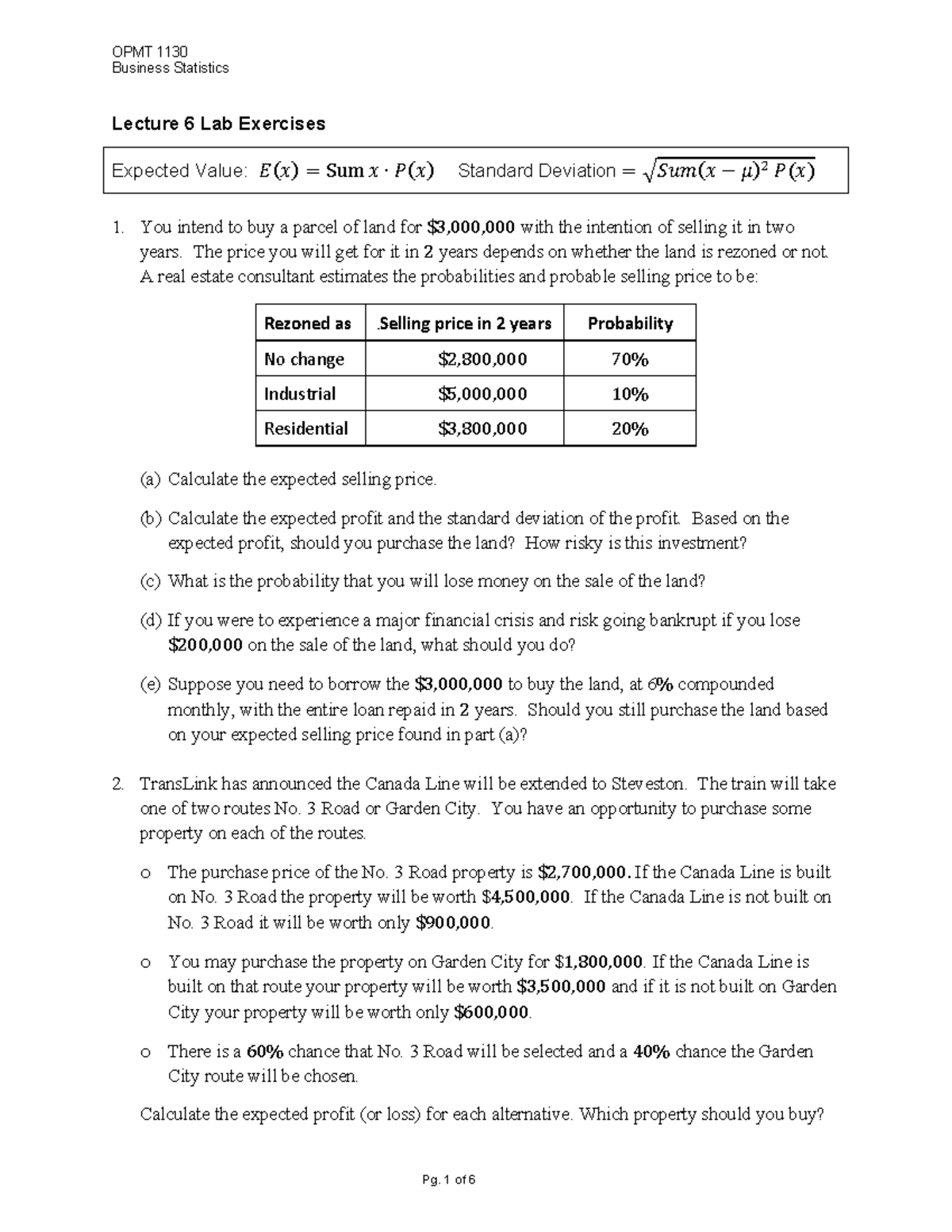 OPMT 1130 Business Statistics Lecture 6 Lab Exercises & Solutions - Studocu