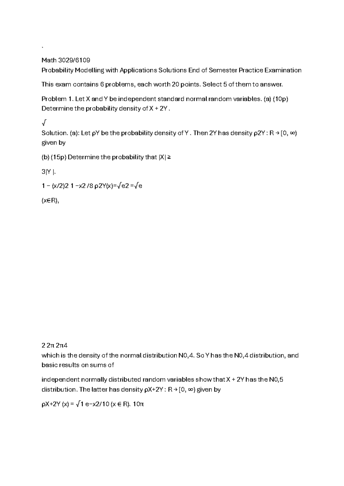 Math 3029 Final Exam Practice Solutions for Probability Modelling - Studocu