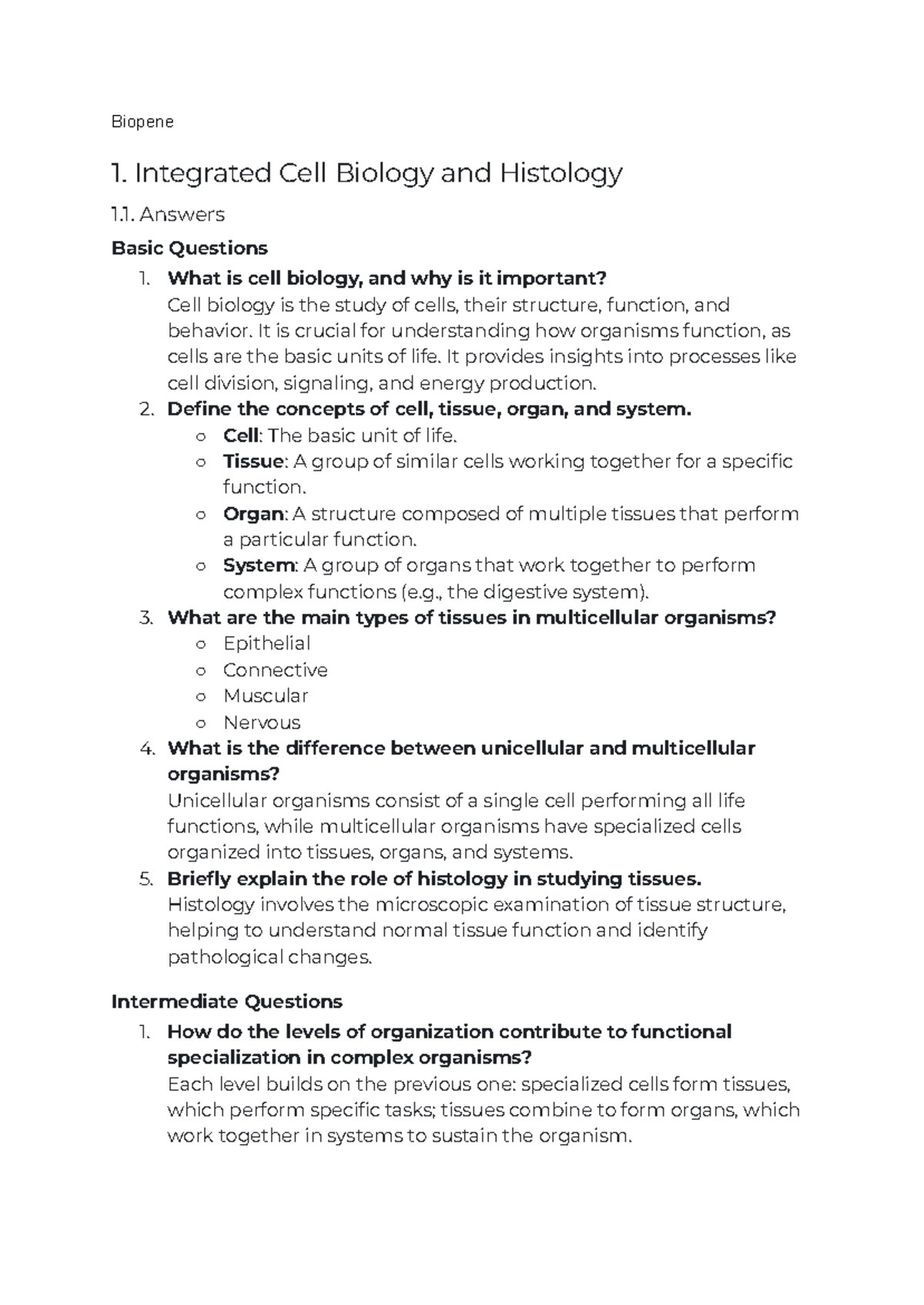 Biopene 1. Integrated Cell Biology and Histology: Exam Questions - Studocu