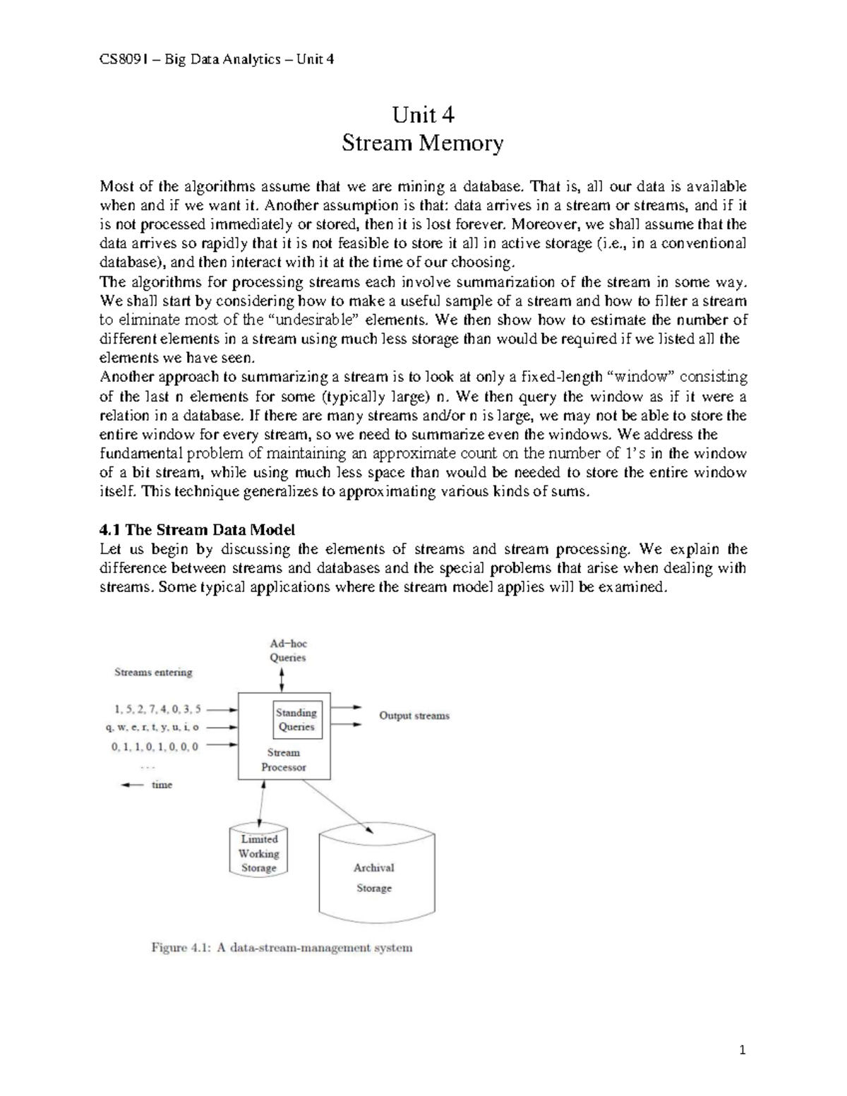CS8091 Big Data Analytics Unit 4: Stream Memory and Processing ...