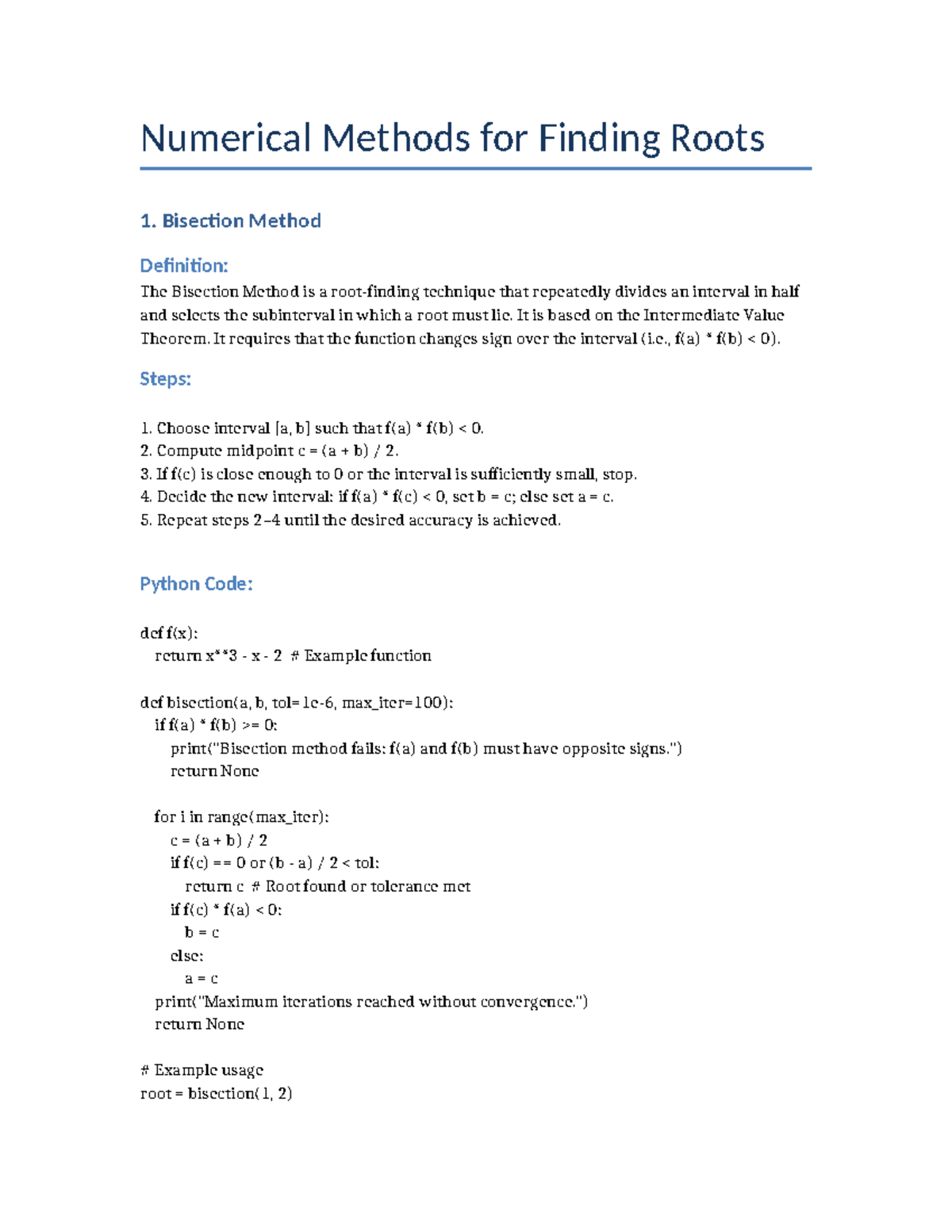 Root Finding Methods - Lecture Notes (Numerical Methods) - Studocu