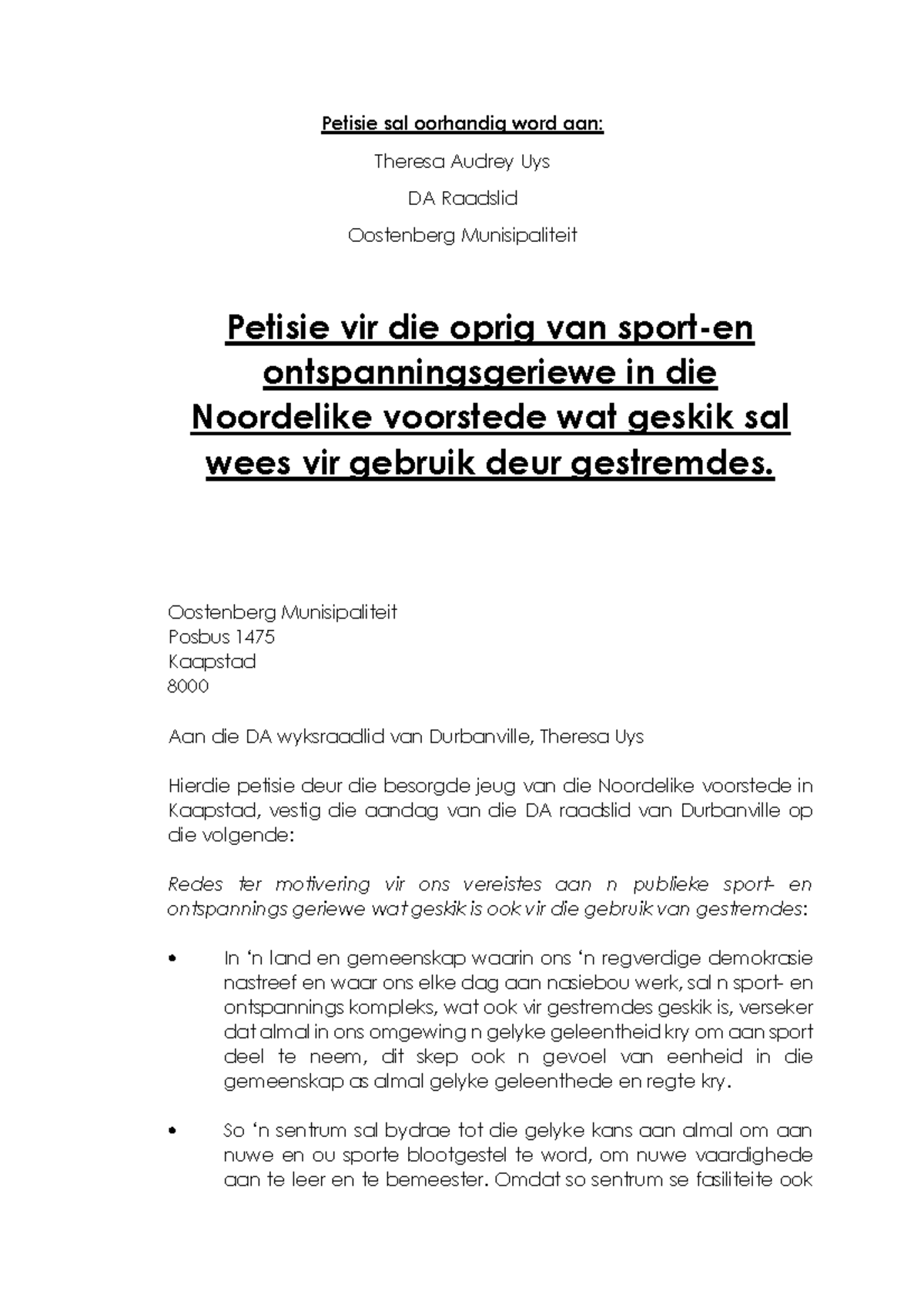Petisie Raadslid Petisie Vir Sportgeriewe In Noordelike Voorstede 