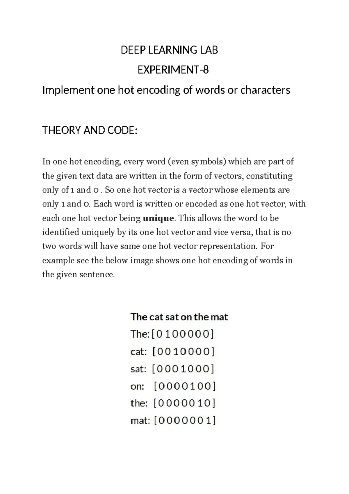DL LAB-expt-8: One Hot Encoding Theory & Code Implementation - Studocu