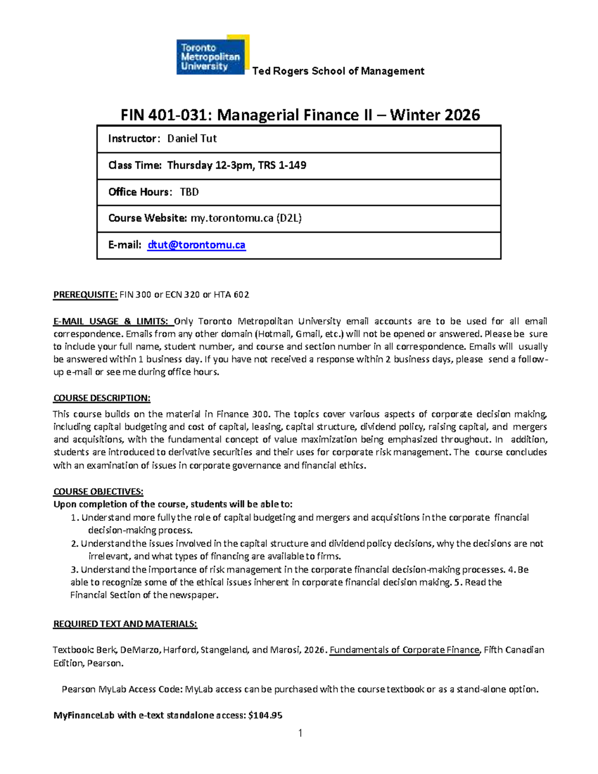 W26 FIN401 Managerial Finance II Course Outline - Winter 2026 - Studocu