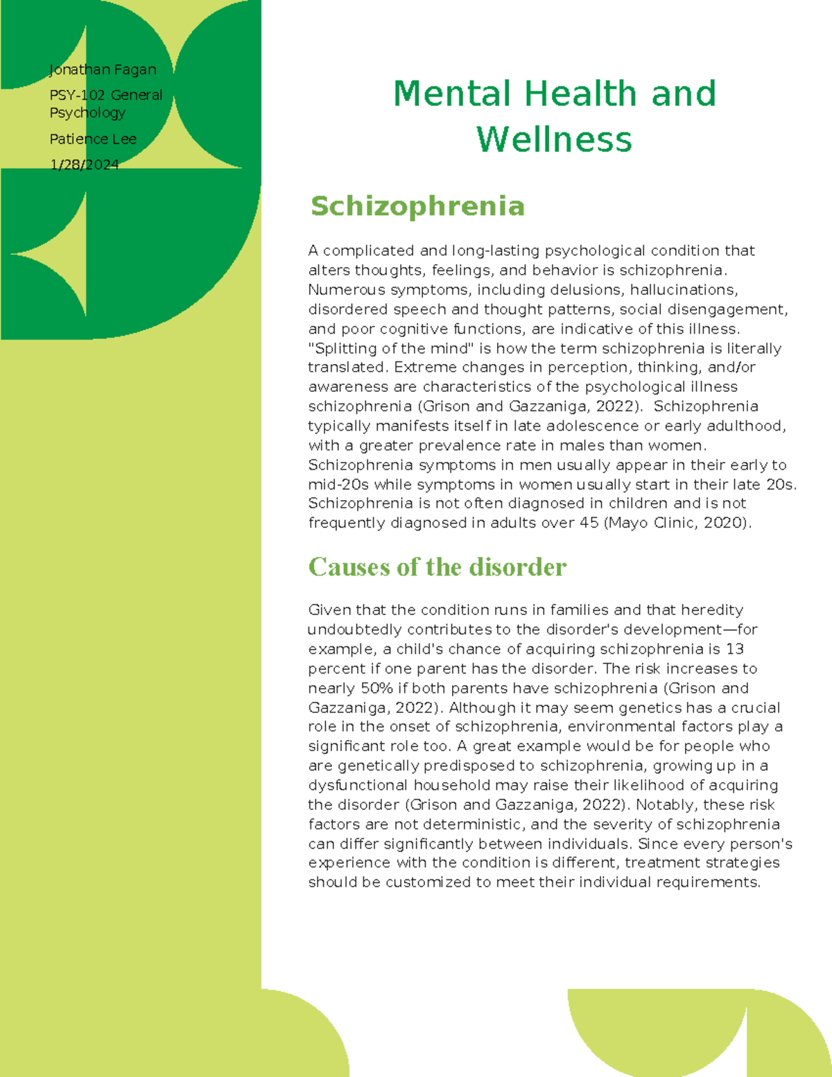PSY-102 Final Exam Study Notes on Schizophrenia and Mental Health - Studocu