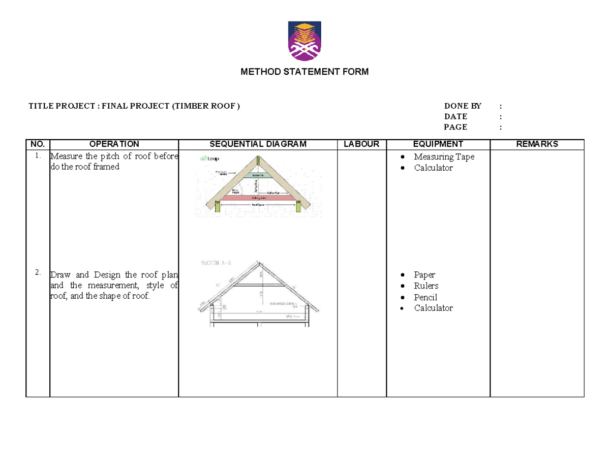 Final Project Method Statement: Timber Roof Construction - Studocu
