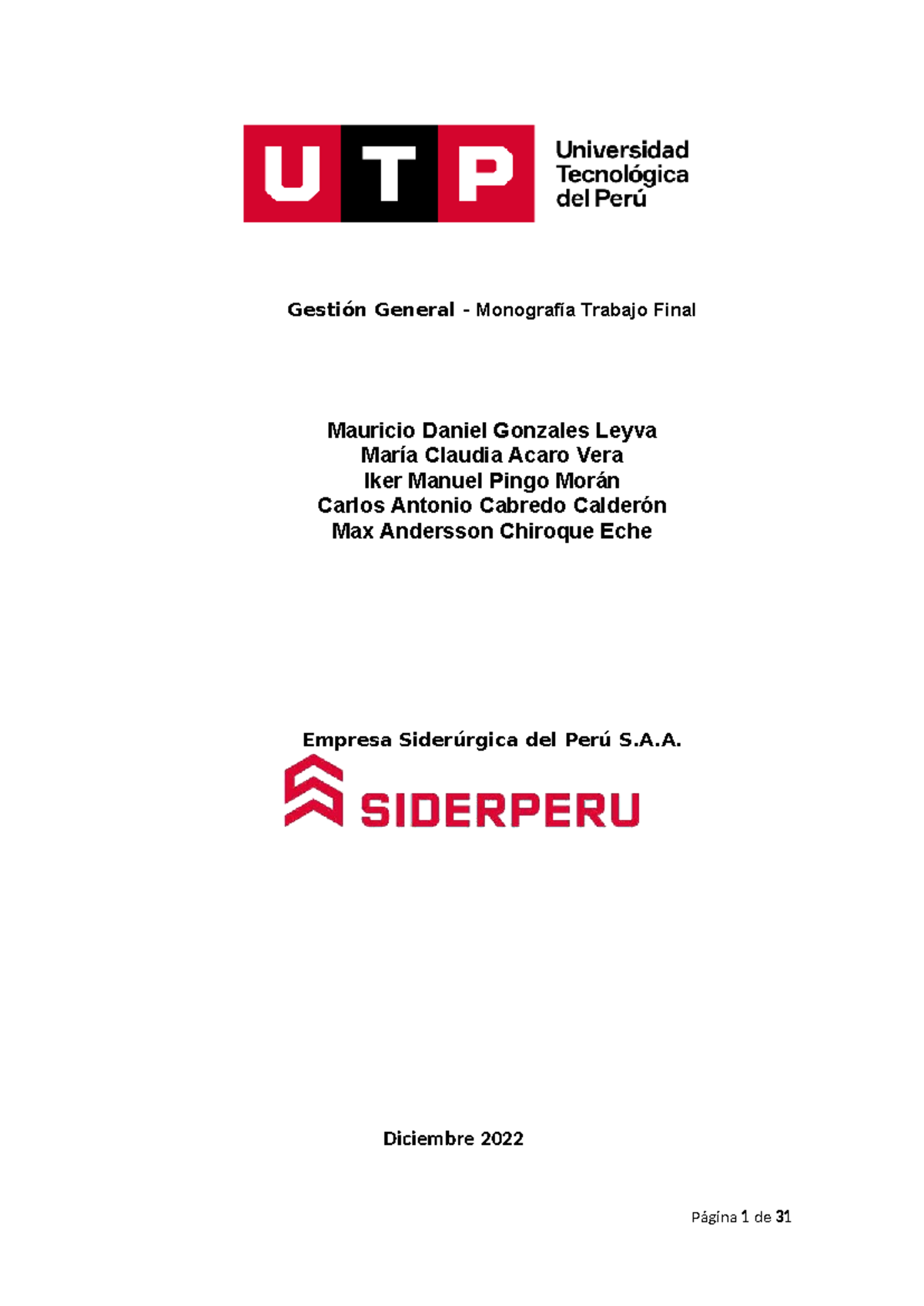 Trabajo Final de Gestión General - Monografía SIDERPERÚ - Document Preview