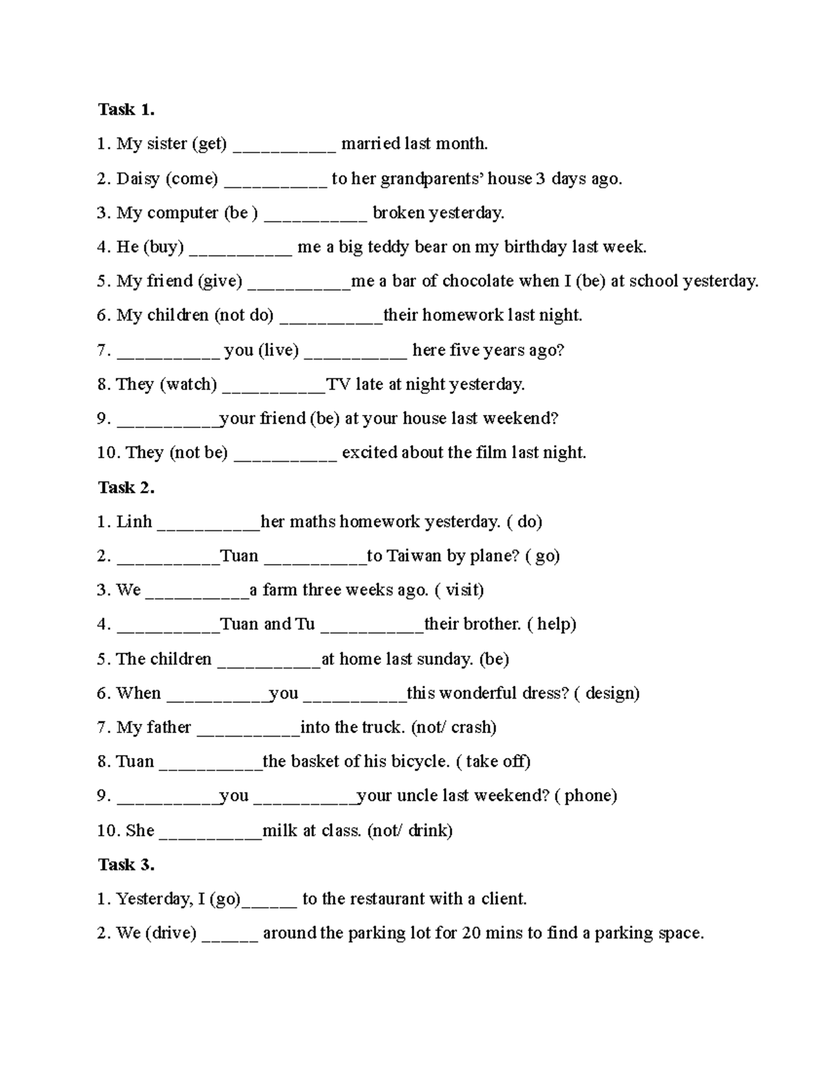 Simple Past Exercises - Task 1 to Task 3 - Studocu