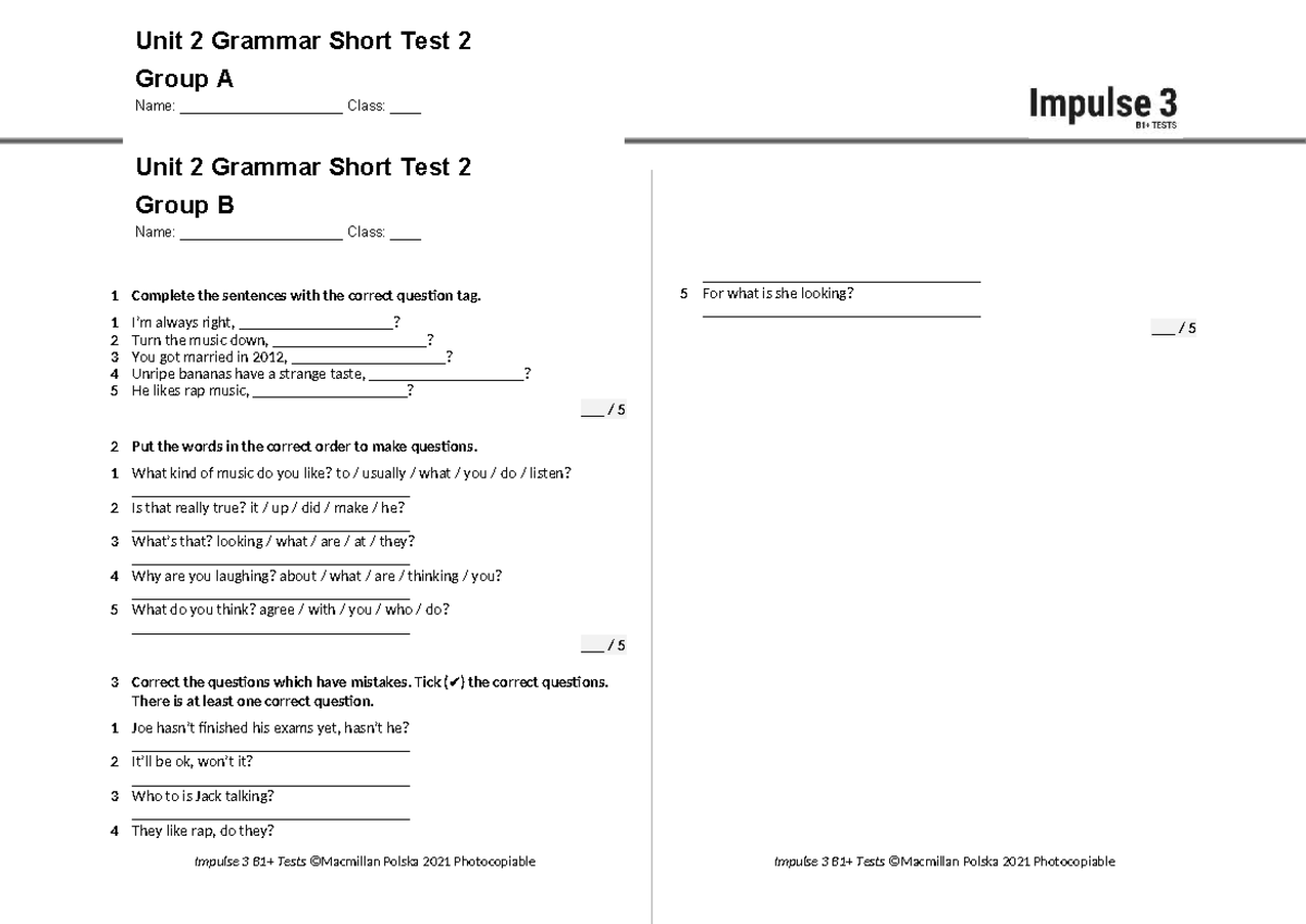 Unit 2 Grammar Short Test 2 A & B - Question Tags & Sentence Order ...
