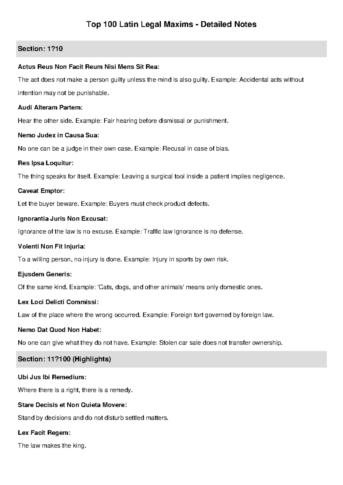 Top 100 Latin Legal Maxims Detailed Notes For Law 101 Studocu