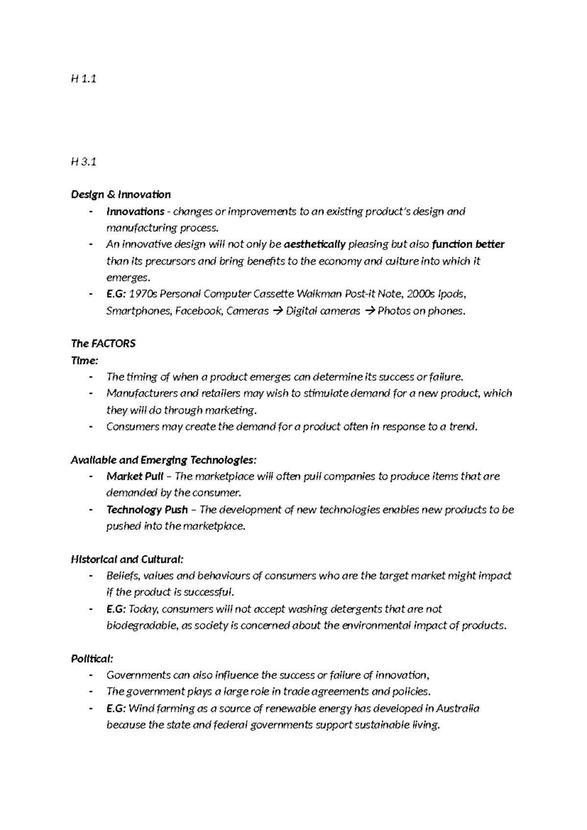 DT HSC Notes - H 1. H 3. Design & Innovation - Innovations - changes or ...
