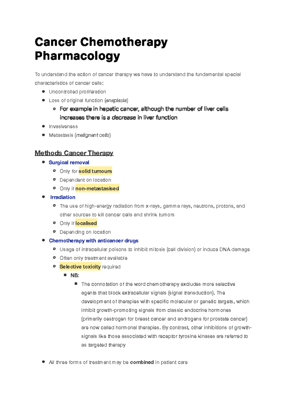 Cancer Chemotherapy Pharmacology: Drug Classes and Mechanisms - Studocu