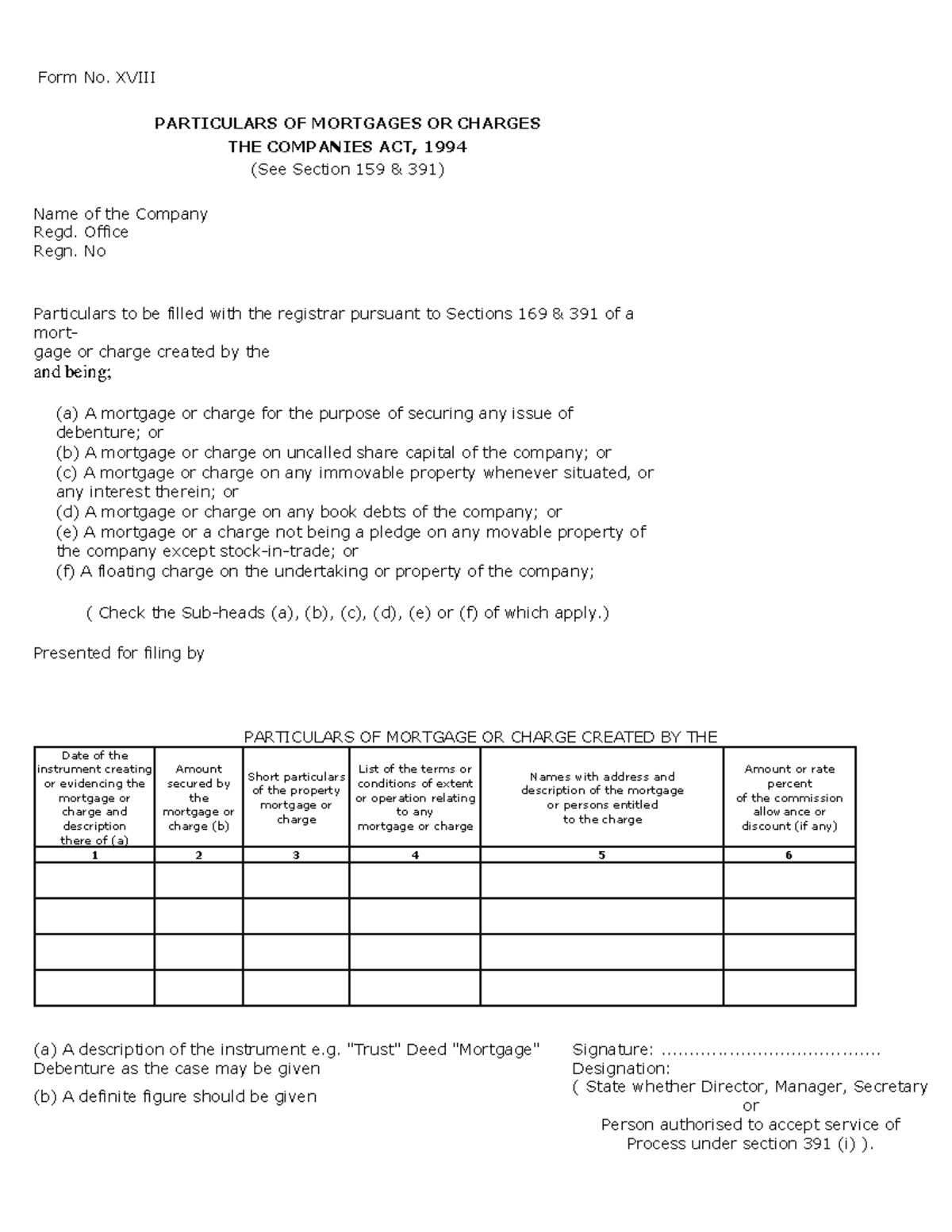 Form XVIII - RJSC Company Registration Mortgage/Charge Details - Studocu