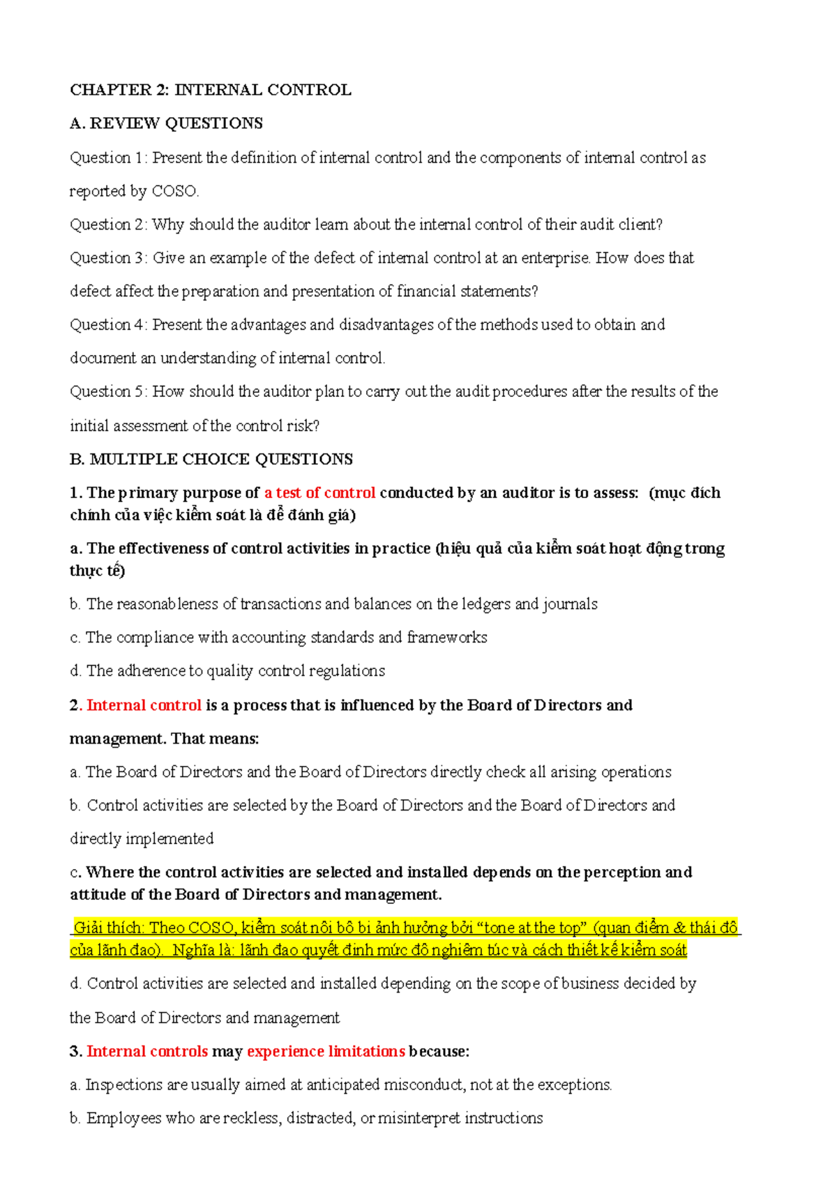 CHAPTER 2: INTERNAL CONTROL REVIEW QUESTIONS & MCQs - Studocu