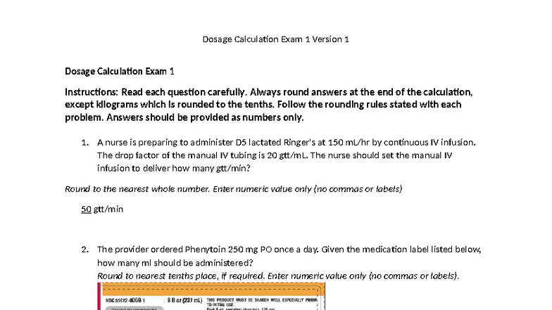 Dosage calculation Exam 1 version 1 - Dosage Calculation Exam 1 ...
