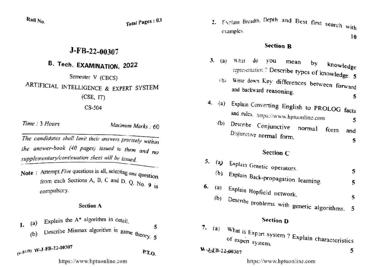 BTech CS IT 5 Sem Artificial Intelligence & Expert Systems Exam 2022 ...