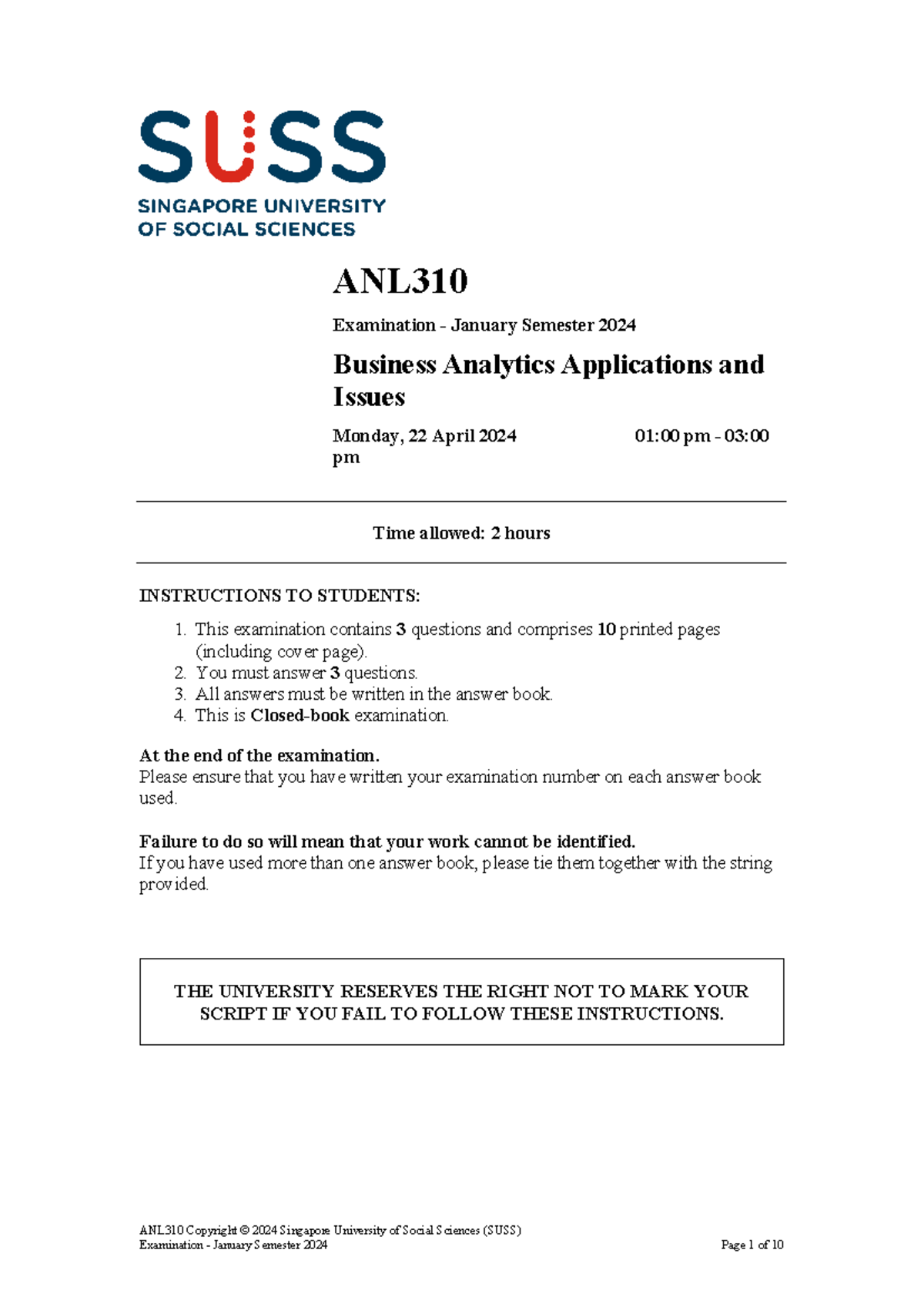 ANL310 Jan 2024 EQP - Business Analytics Exam Paper - Document Preview