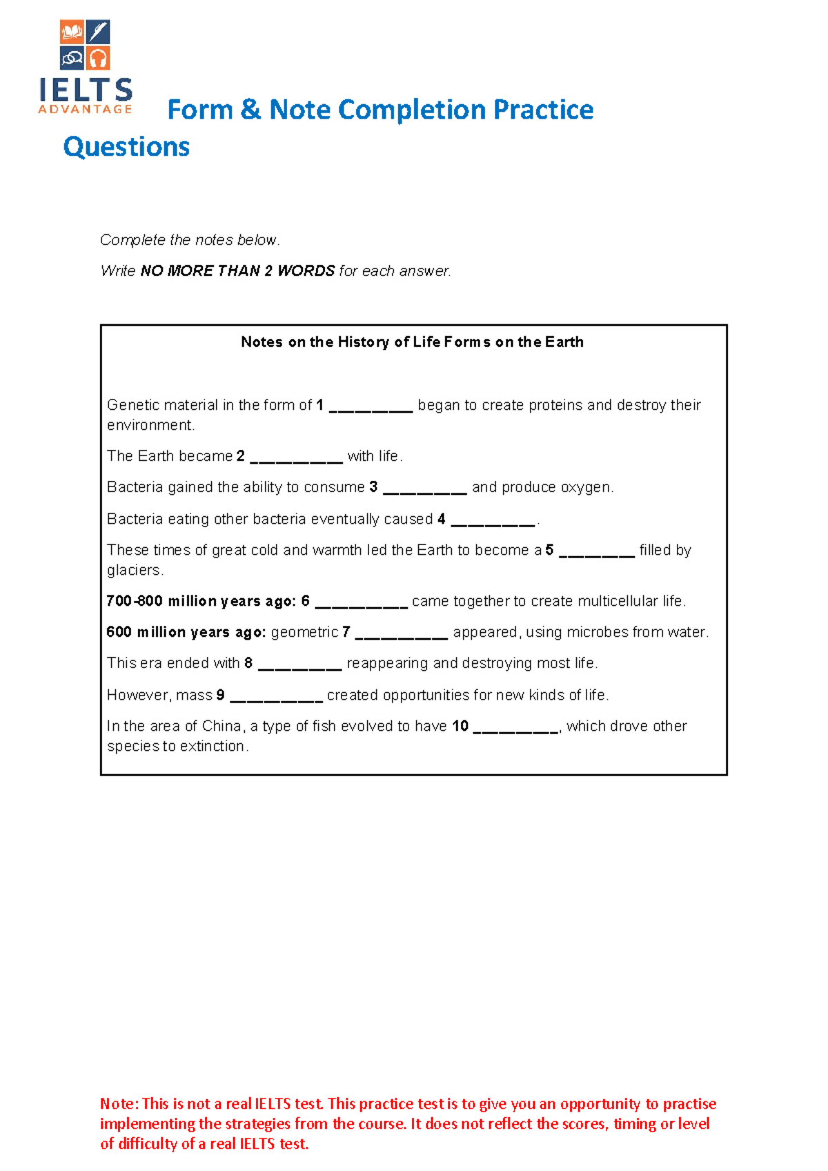Form & Note Completion Practice Questions 1 - IELTS Style Quiz - Studocu