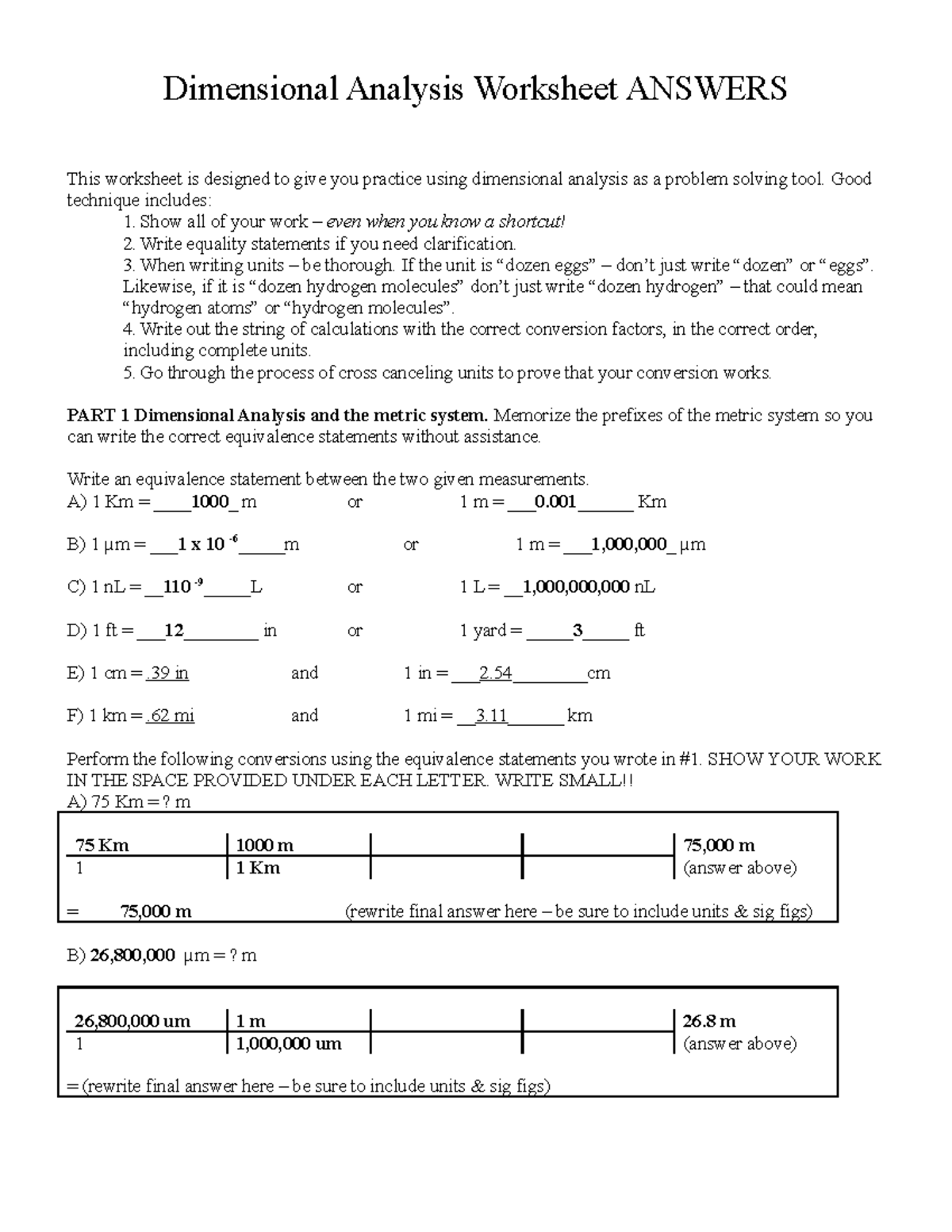 Dimensional Analysis Worksheet: Practice and Solutions - Studocu