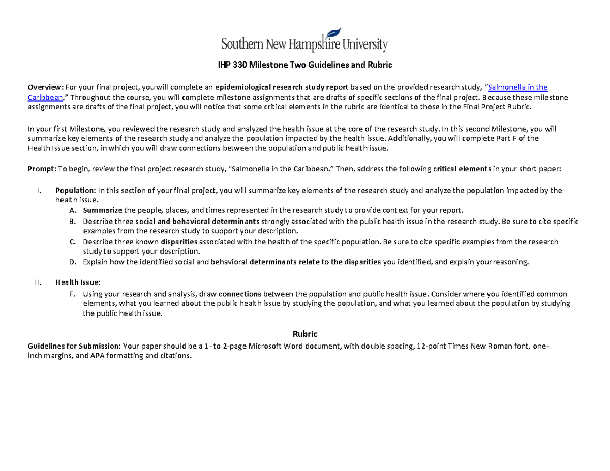 IHP 330 Milestone Two: Epidemiological Research Study Analysis Guide ...