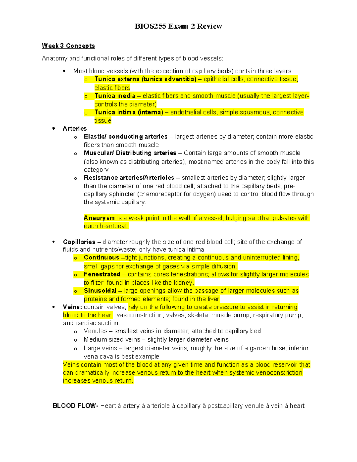 BIOS255 Exam 2 Review - Week 3 Concepts Anatomy and functional roles of ...