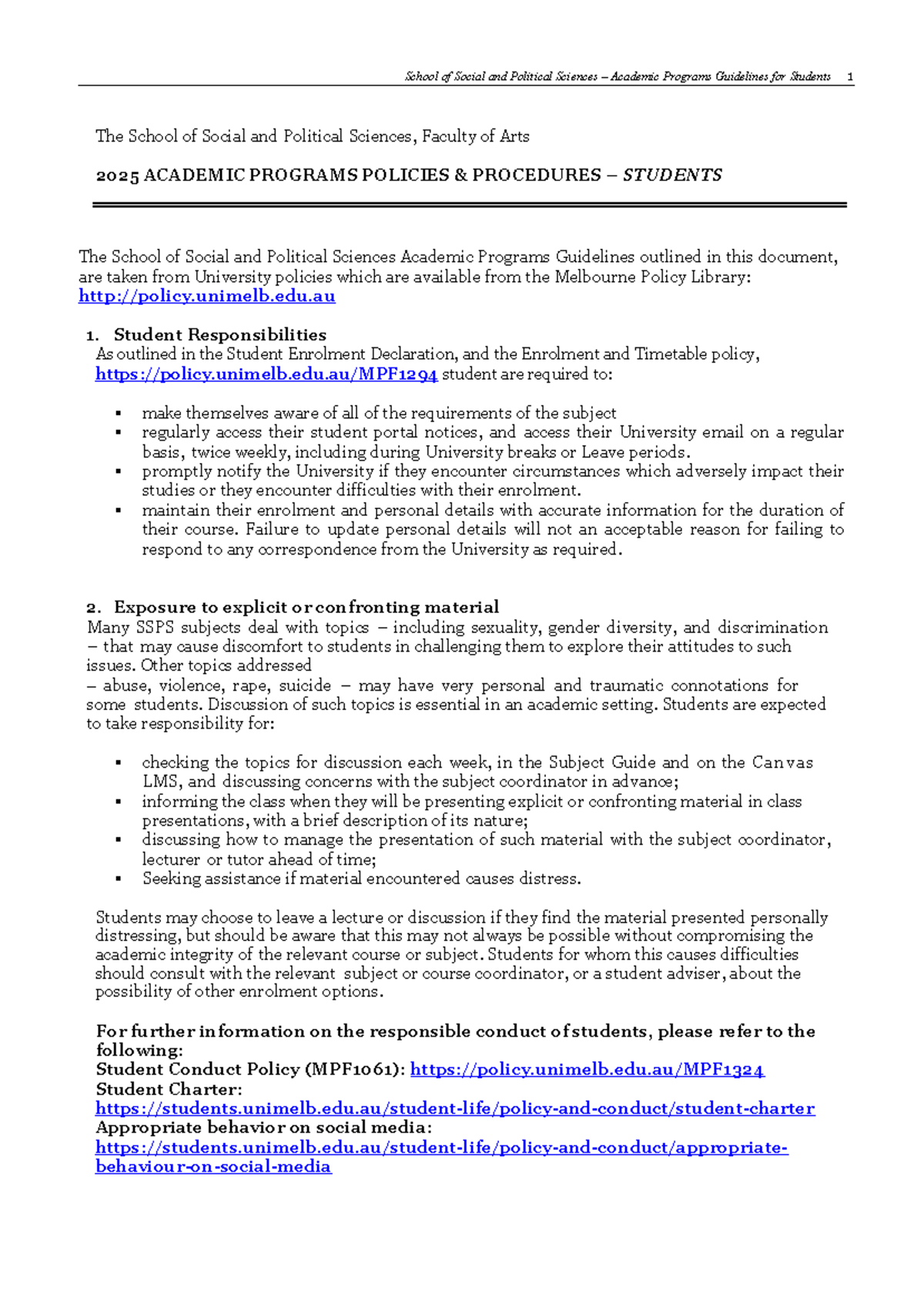 SSPS Academic Programs Guidelines & Policies for Students 2025 - Studocu