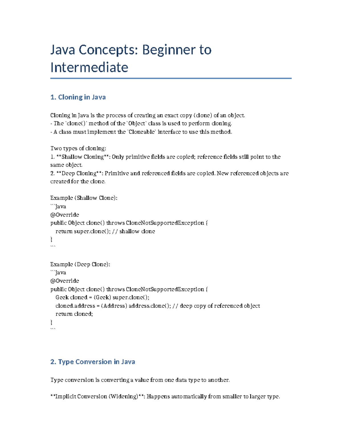 Java Concepts: Beginner to Intermediate - Cloning, Type Conversion ...