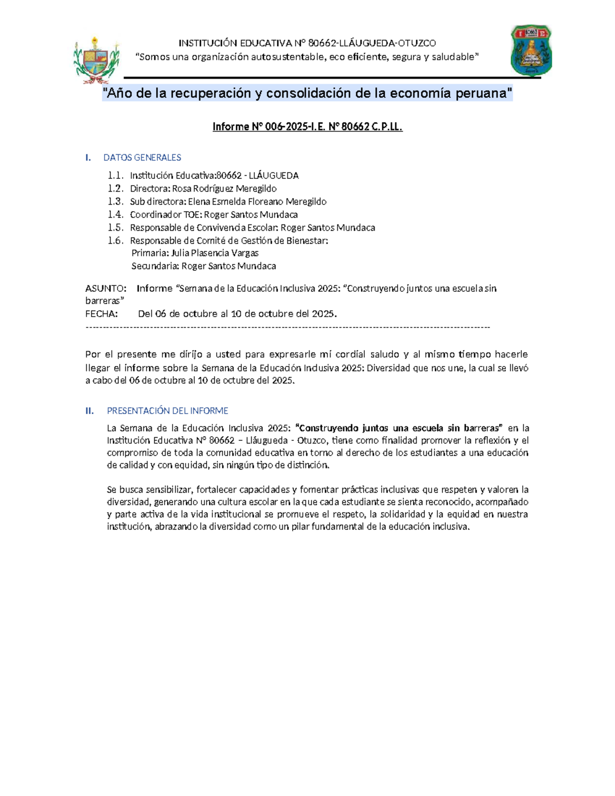 Informe Semana de la Educación Inclusiva 2025 - I.E. 80662 Lláugueda - Document Preview