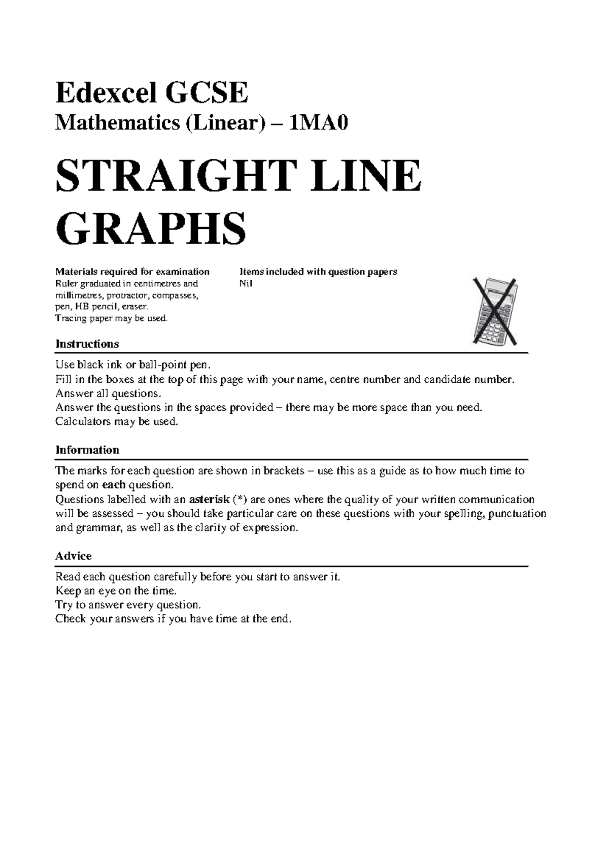 Edexcel GCSE Maths 1MA0 Straight Line Graphs Exam Guide - Studocu