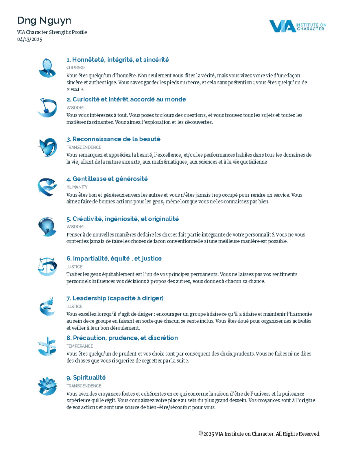 Dng Nguyn VIA Strengths Profile: Insights on Character Traits - Studocu