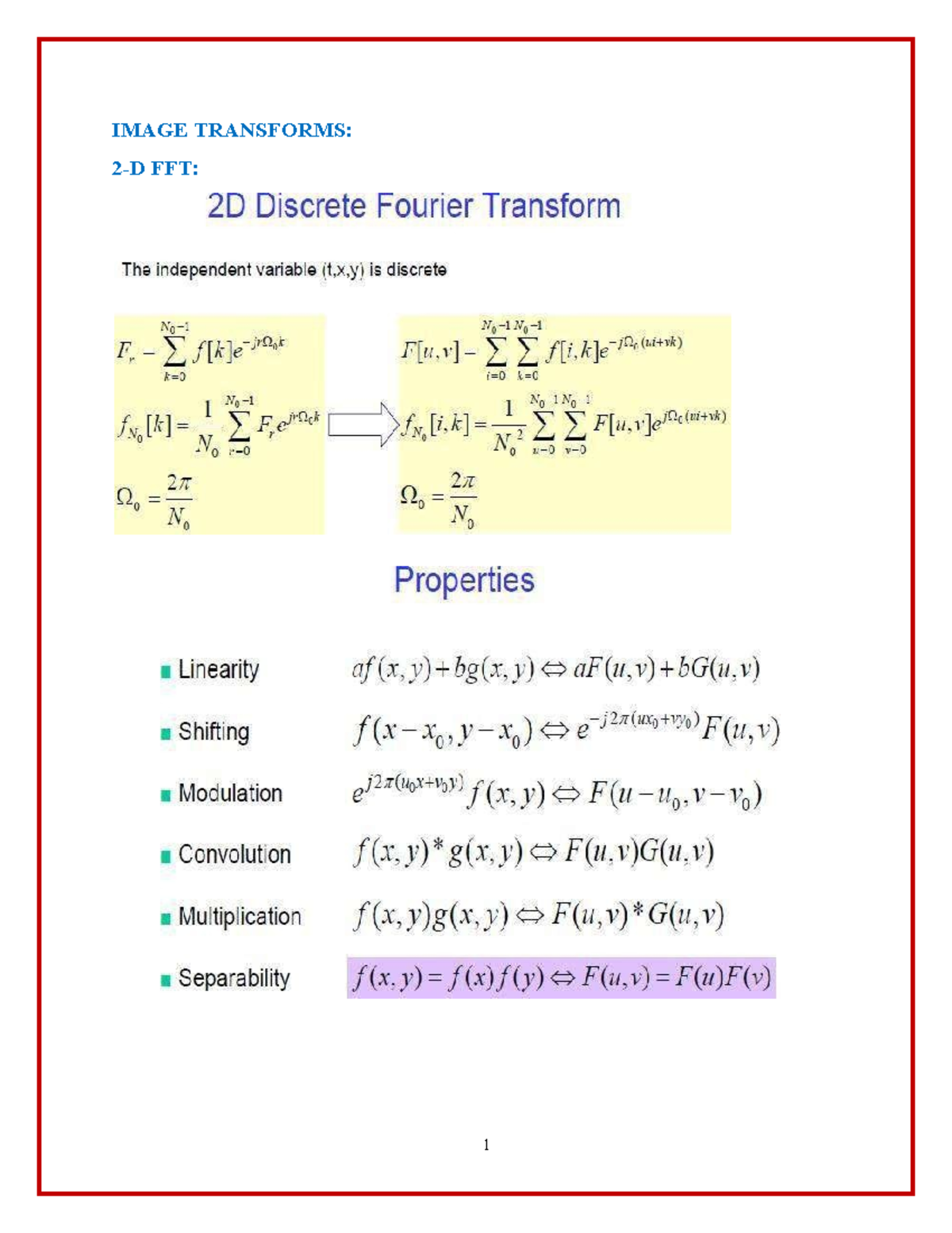 IMAGE TRANSFORMS: FFT, Walsh, Hadamard, DCT, DWT & Enhancement ...