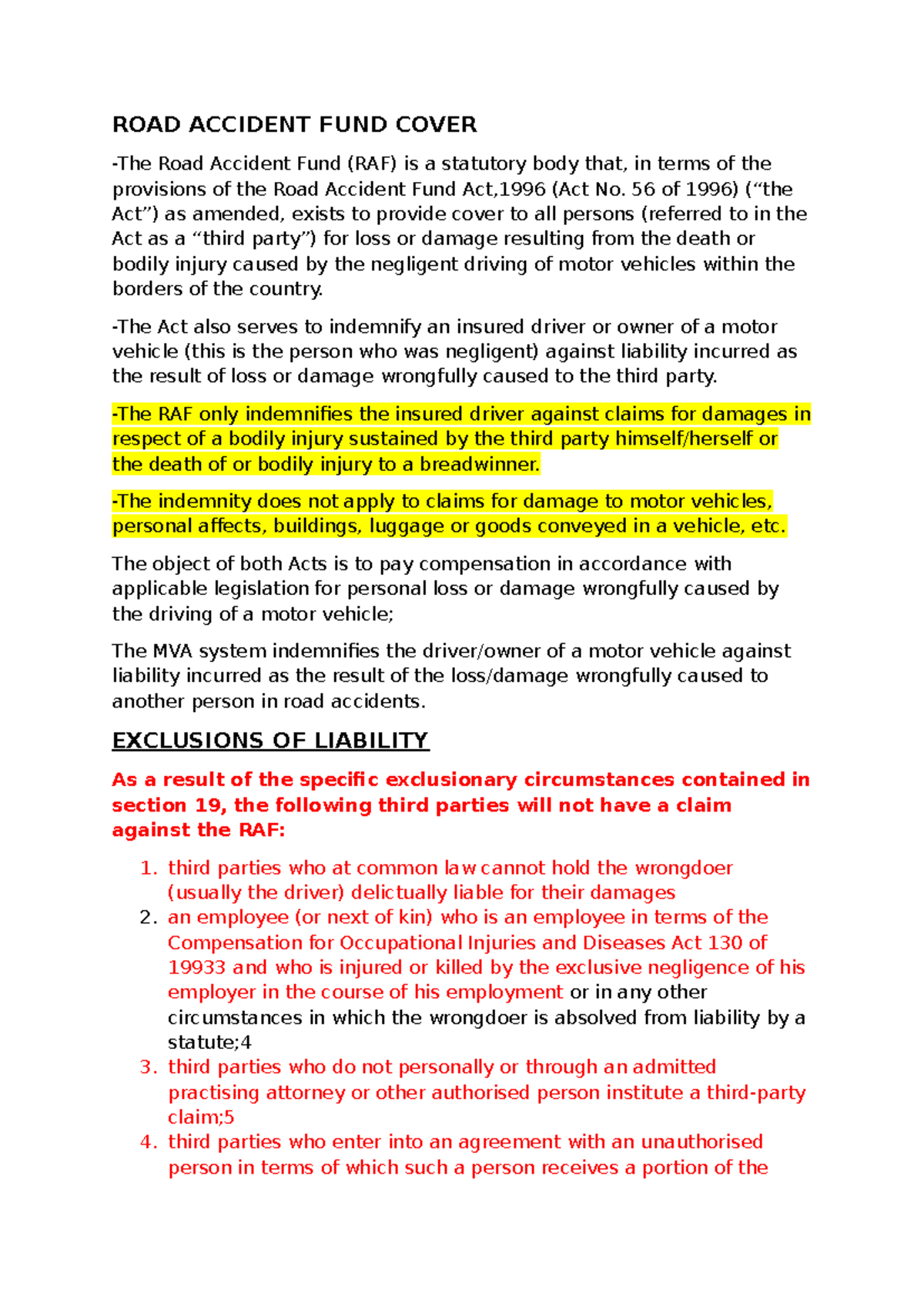 UNIT 13 - Road Accident Fund (RAF) Comprehensive Notes - Studocu
