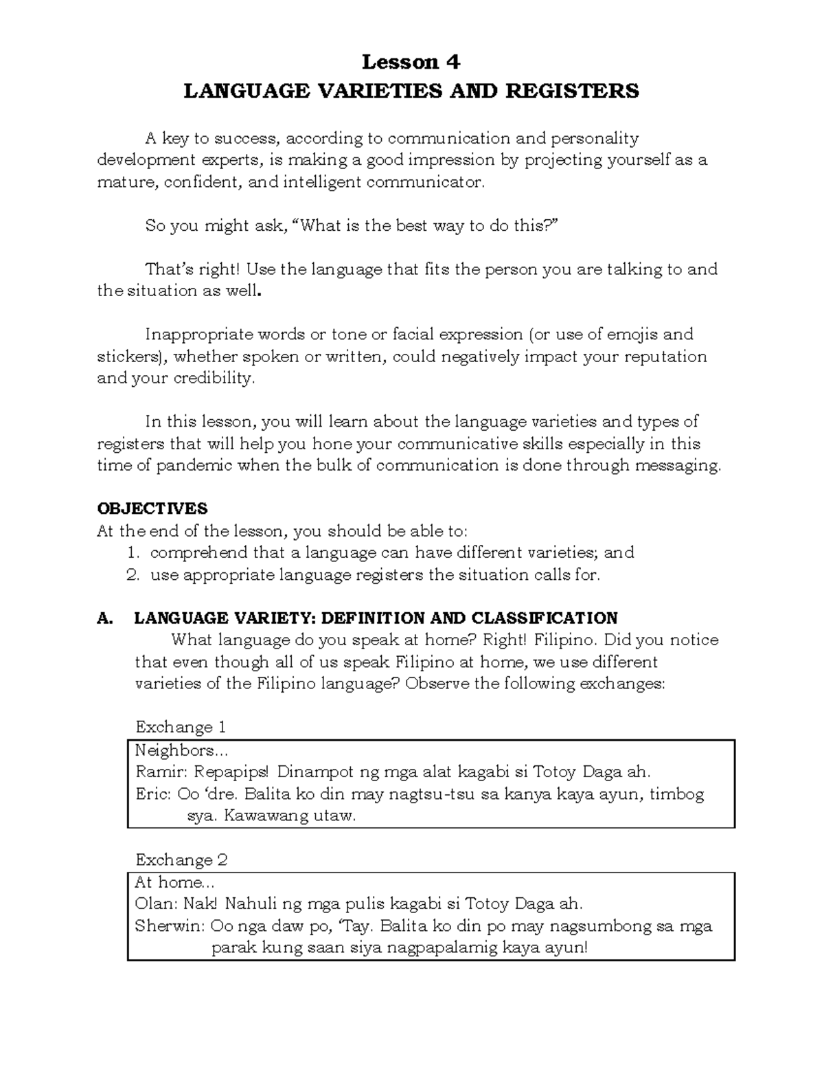 Lesson 4: Language Varieties and Registers in Purposive Communication ...