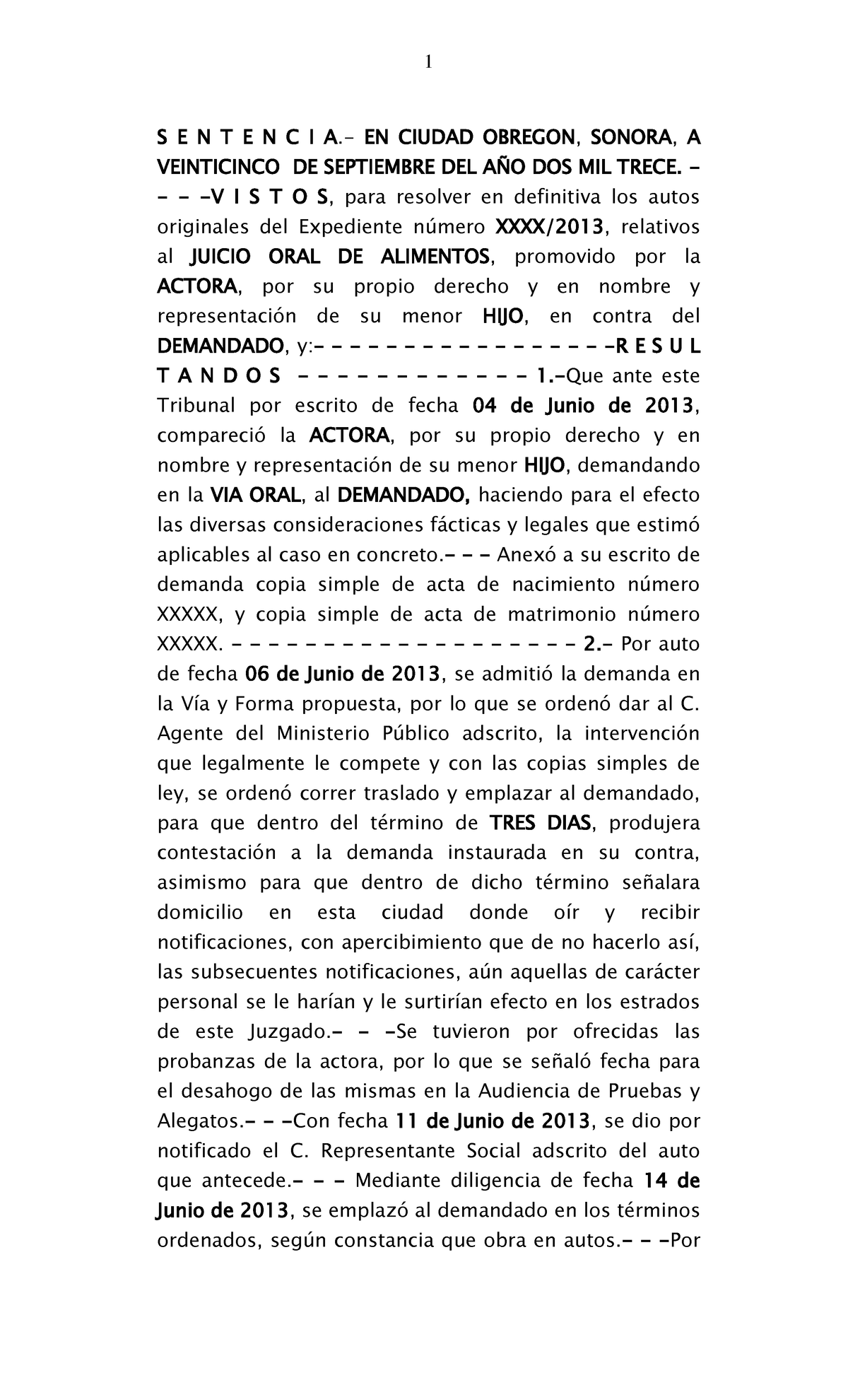 Sentencia Oral de Alimentos - Obregón 25/09/2013 - Studocu