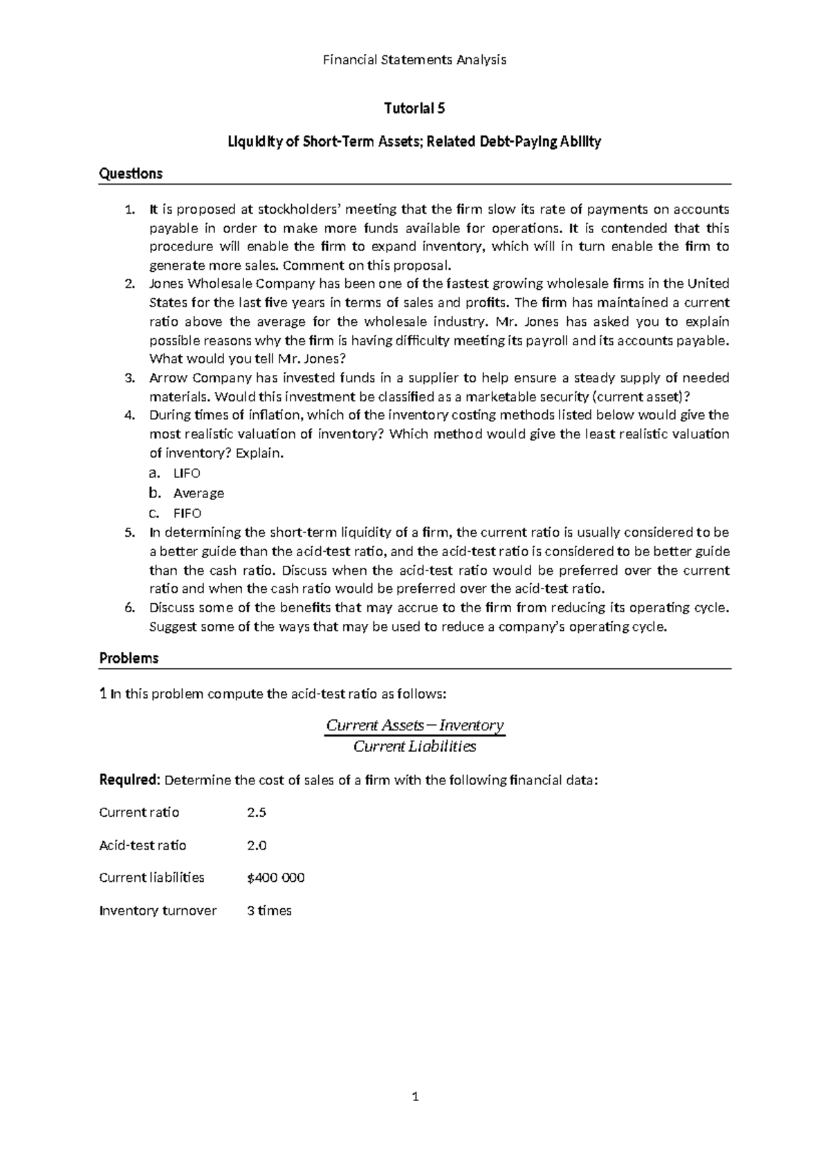 Financial Statements Analysis Tutorial 5: Liquidity Exercises and ...