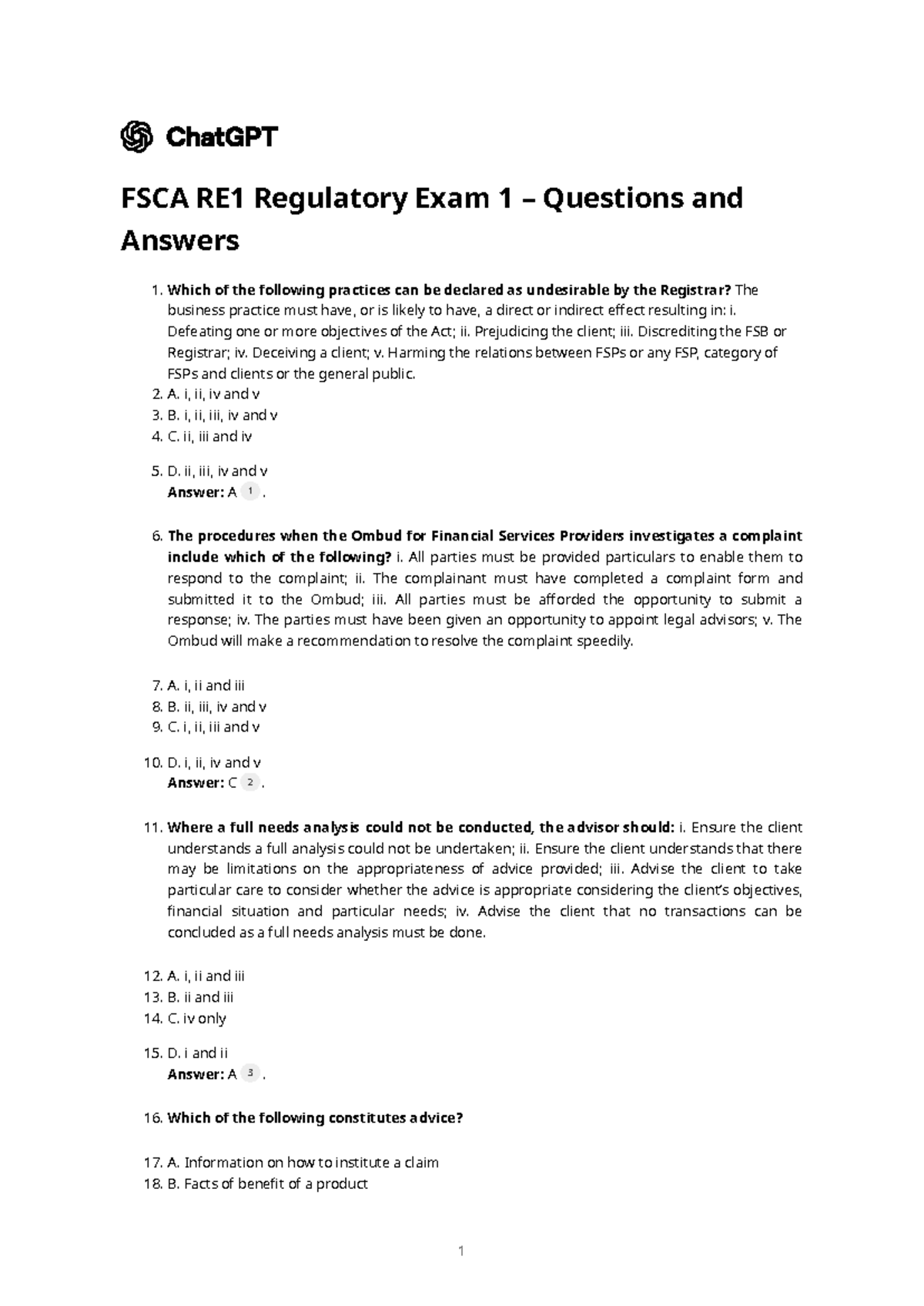 FSCA RE1 Regulatory Exam 1: Comprehensive Q&A Guide - Studocu