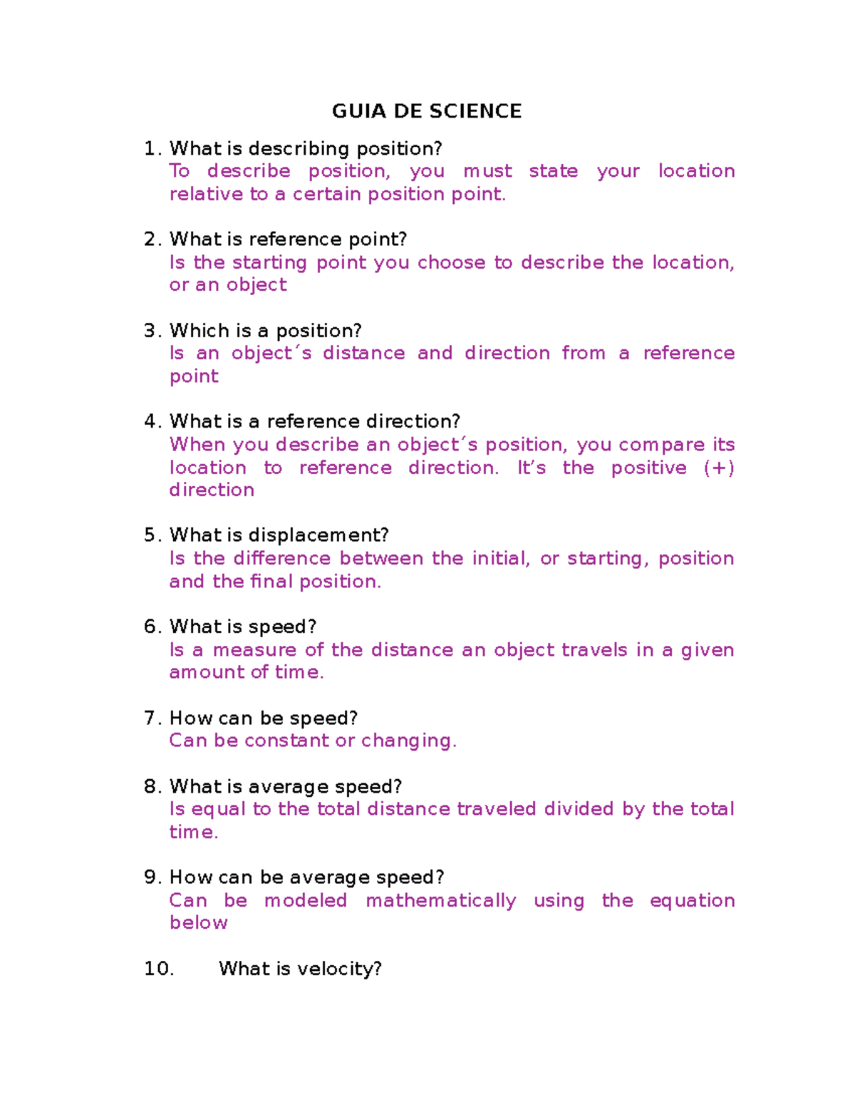 GUÍA SCIENCE 1: Describing Position and Motion Concepts - Studocu