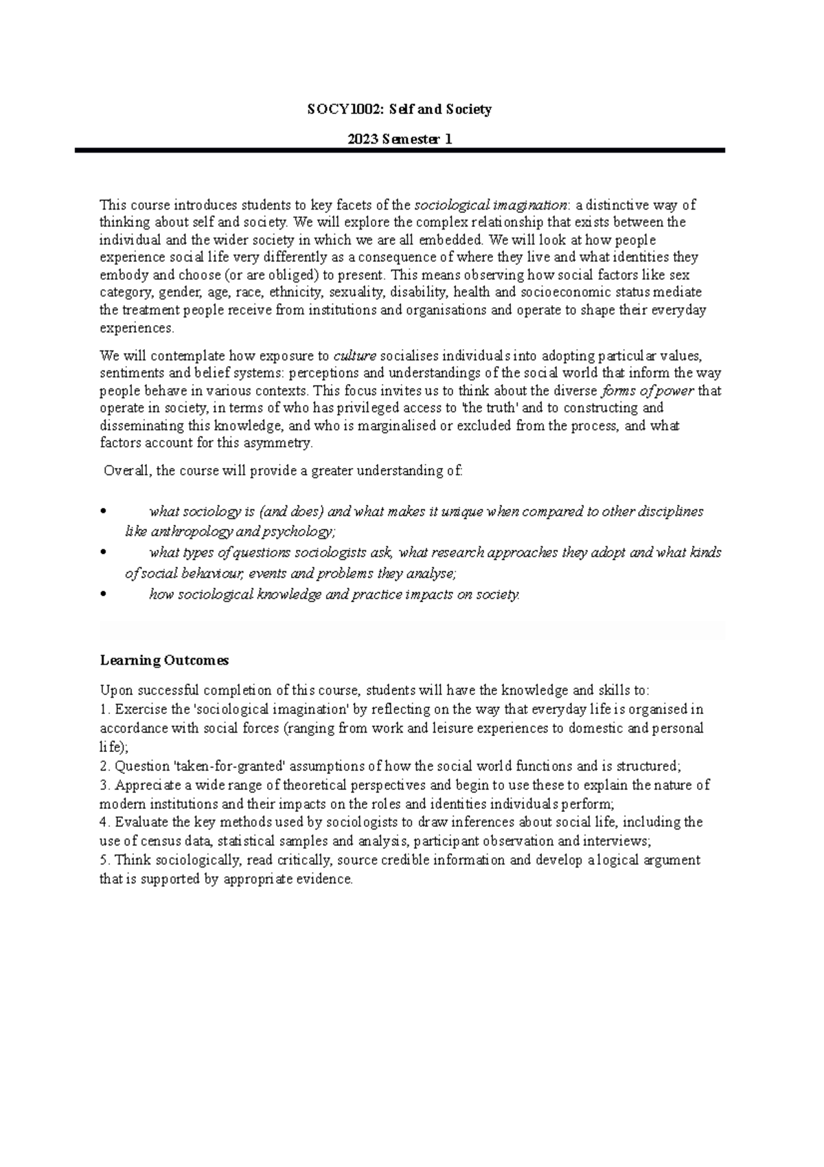 SOCY1002: Self and Society Course Outline - Semester 1 2023 - Studocu