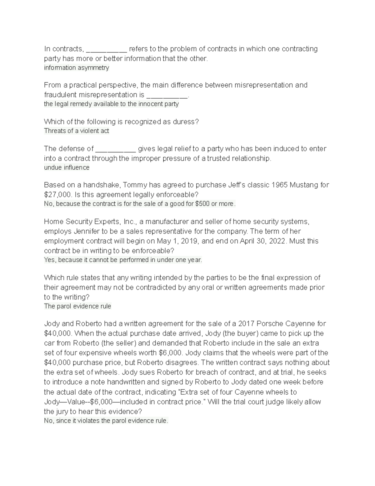 Quiz: Business Law Chapter 9 - Information Asymmetry & Contracts - Studocu