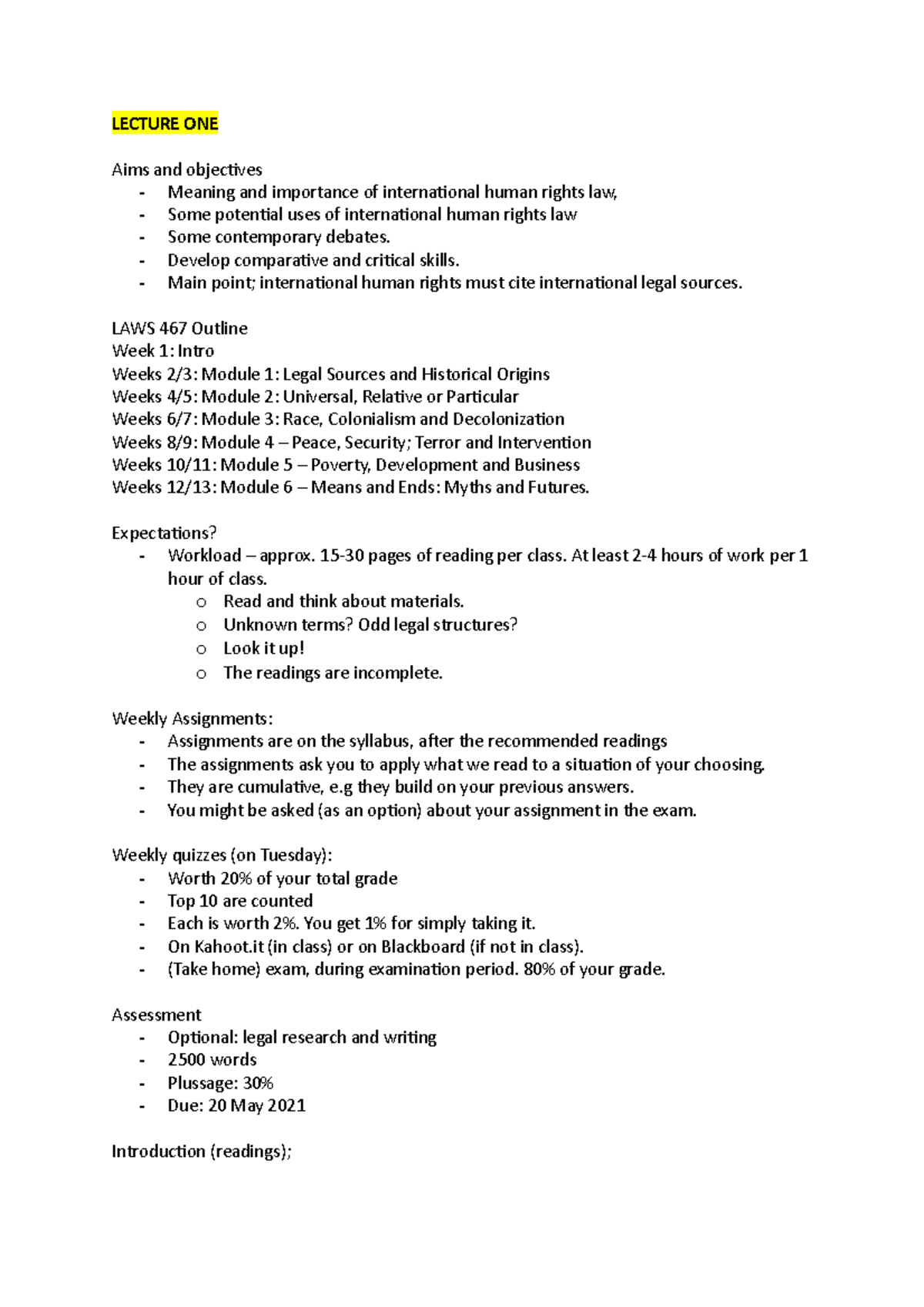 LAWS 467 - Comprehensive Lecture Notes on Intl Human Rights Law - Studocu