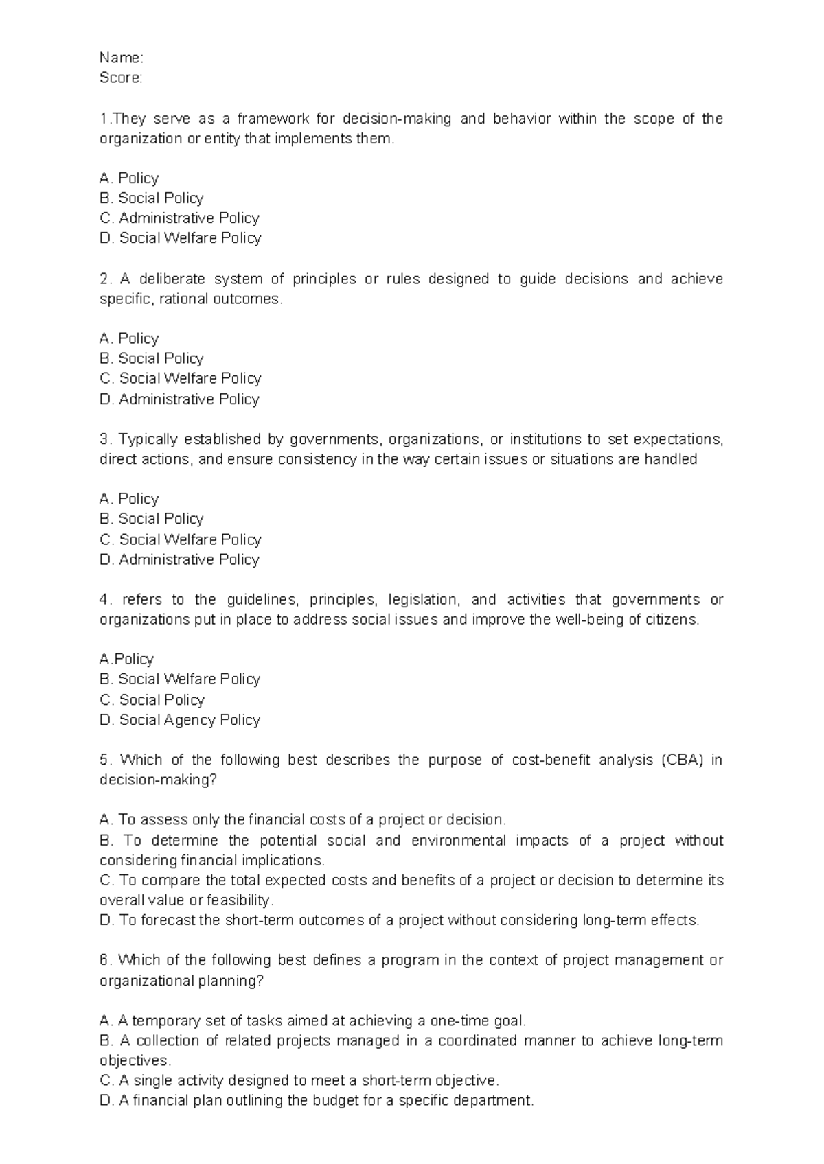 SWPPS- Sample TEST - Reviewer of Key Policy Concepts and Analysis - Studocu