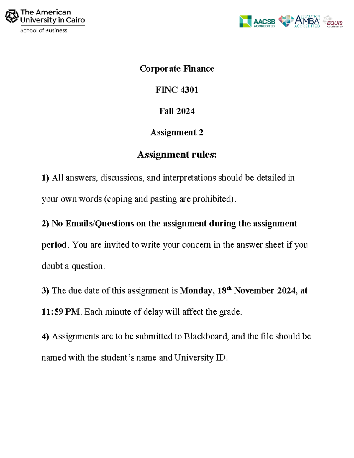 Assignment 2 Fall 2024 - note for chem - Corporate Finance FINC 4301 ...